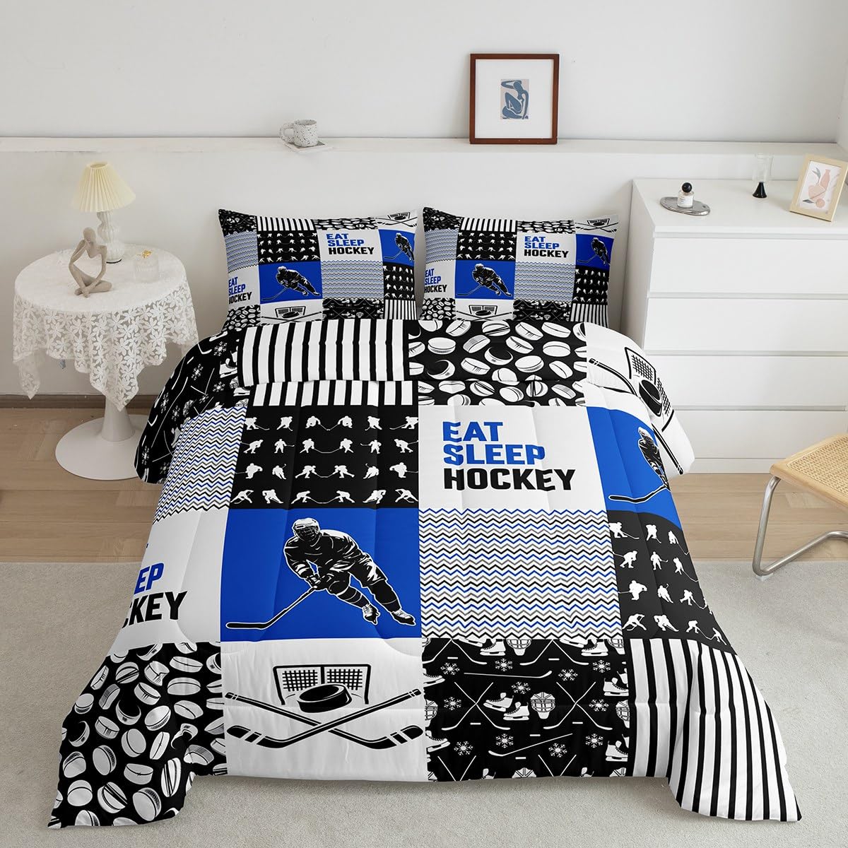 Erosebridal Kids Ice Hockey Comforter Set Twin Eat Sleep Hockey Bedding Set Sports Game Sketch Quilt for Boys Youth Black Blue Patchwork Geometric