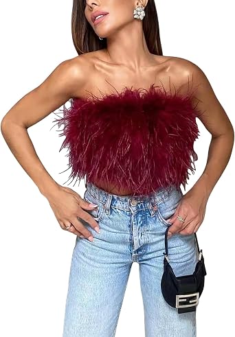 TICIFEN Sexy Tube Top for Women Artificial Fur Feather Vest Faux Fur Strapless Off Shoudler Fuzzy Tight Crop Top Soft Plush