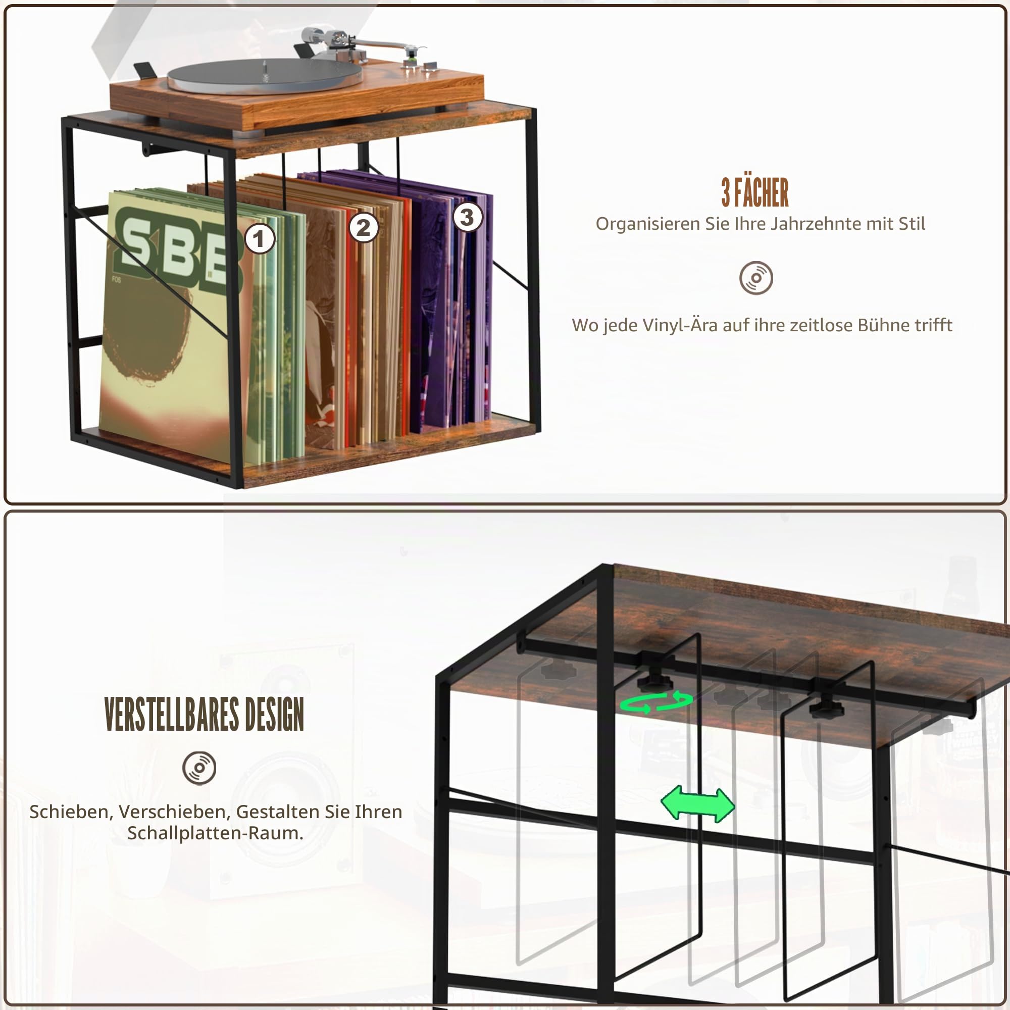 Schallplatten Aufbewahrung, Schallplattenständer für 80–100 Alben, Schallplatten Wandhalterung & Vinyl Halter mit Beweglicher Trennwand, Vinyl Record Storage Holder