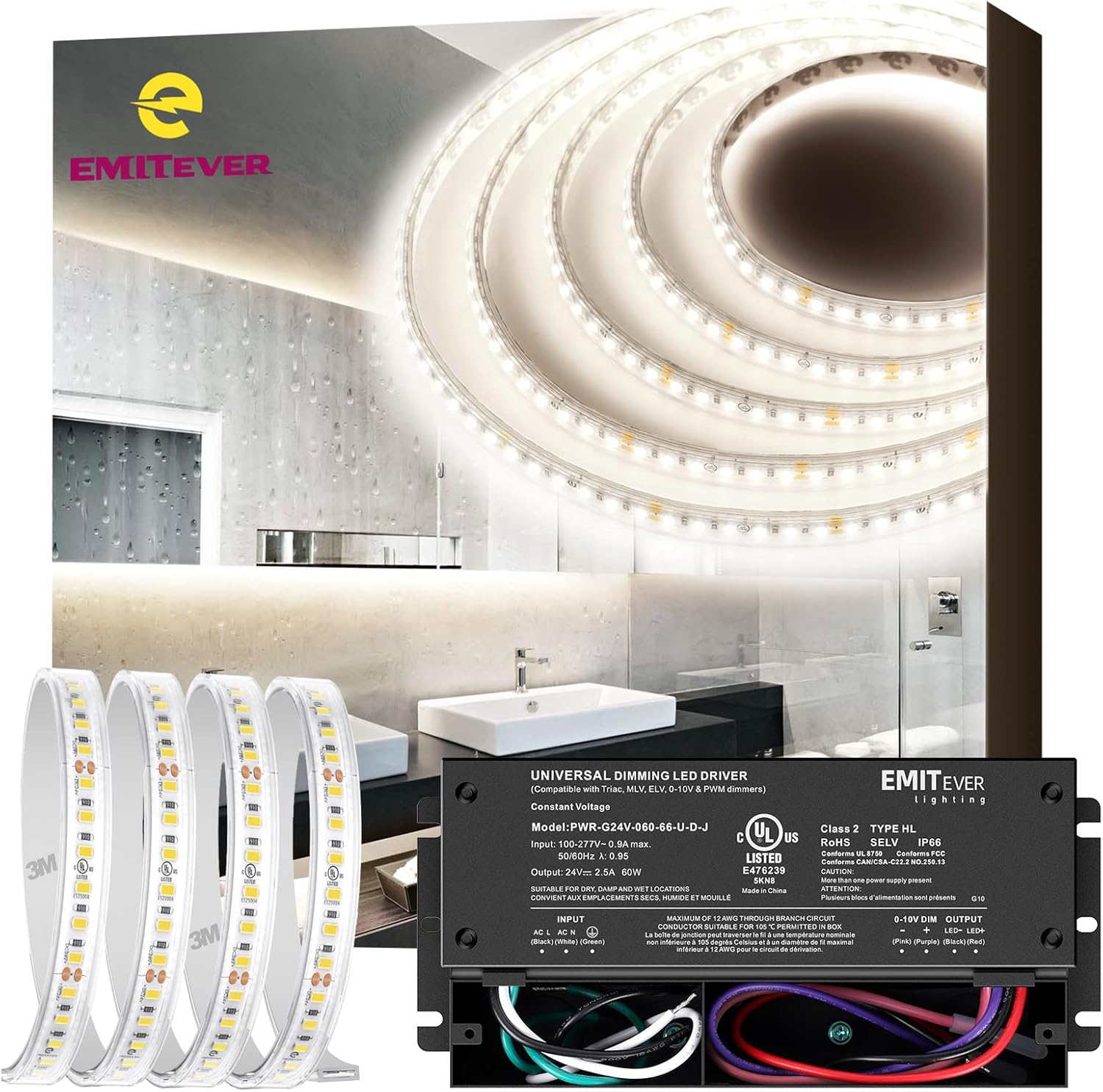 Emitever Waterproof LED Strip Lights Neutral White 4000K,IP67 Outdoor 24VDC LED Tape Light, 2.9W/ft, 16.4ft,UL Listed for Bathroom, Balcony, Roof, Backyard, Patio, Garden, Porch+60W Triac Dimmable Dri
