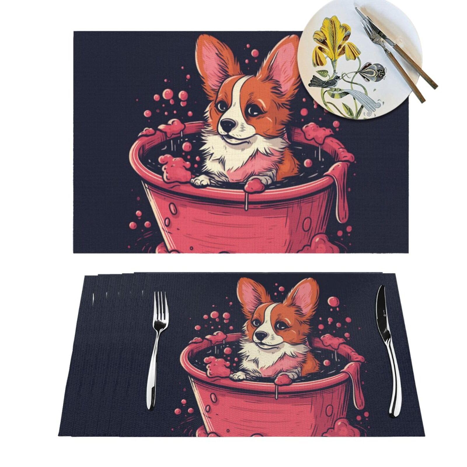 Set de table Corgi rose en PVC tressé lavable de cuisine pour fête