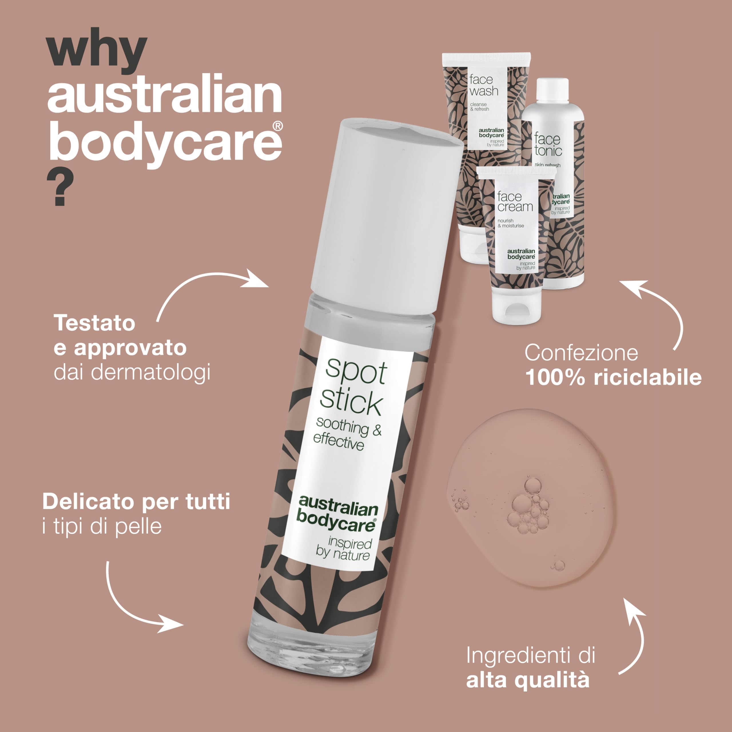 4 prodotti per il viso di Australian Bodycare – Contro macchie, brufoli, pelle grassa e acne. Con Tea Tree Oil australiano di qualità farmaceutica - Detergente, tonico, crema e spot stick