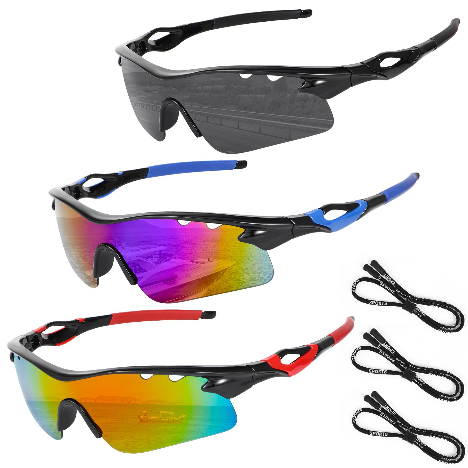 Beipegin 3 Pcs Cycling Glasses Running Sunglasses, Sport Sunglasses with Adjustable Sports Eyeglasses Strap, UV400 Protection for Men Women Outdoor