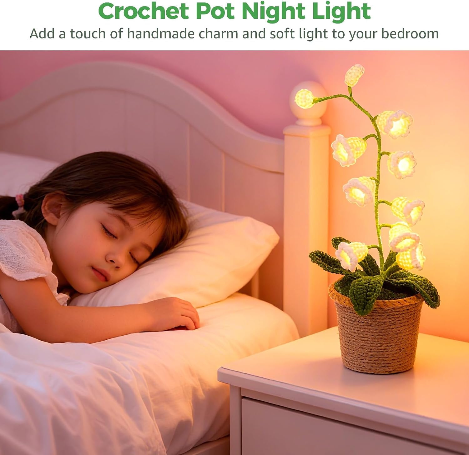 Lily of The Valley Lamp, Crochet Artificial Flower Night Light, Handmade Desk Decor, 12 x 4.5 in Potted Plant with Warm Light for Home Decor and Gifts