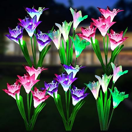 Solar Flower Lights Outdoor 6 Pack, WdtPro Waterproof Solar Garden Lights with 24 Lily Flower, Multi-Color Changing LED Solar Landscape Light for Garden, Patio, Yard Decoration