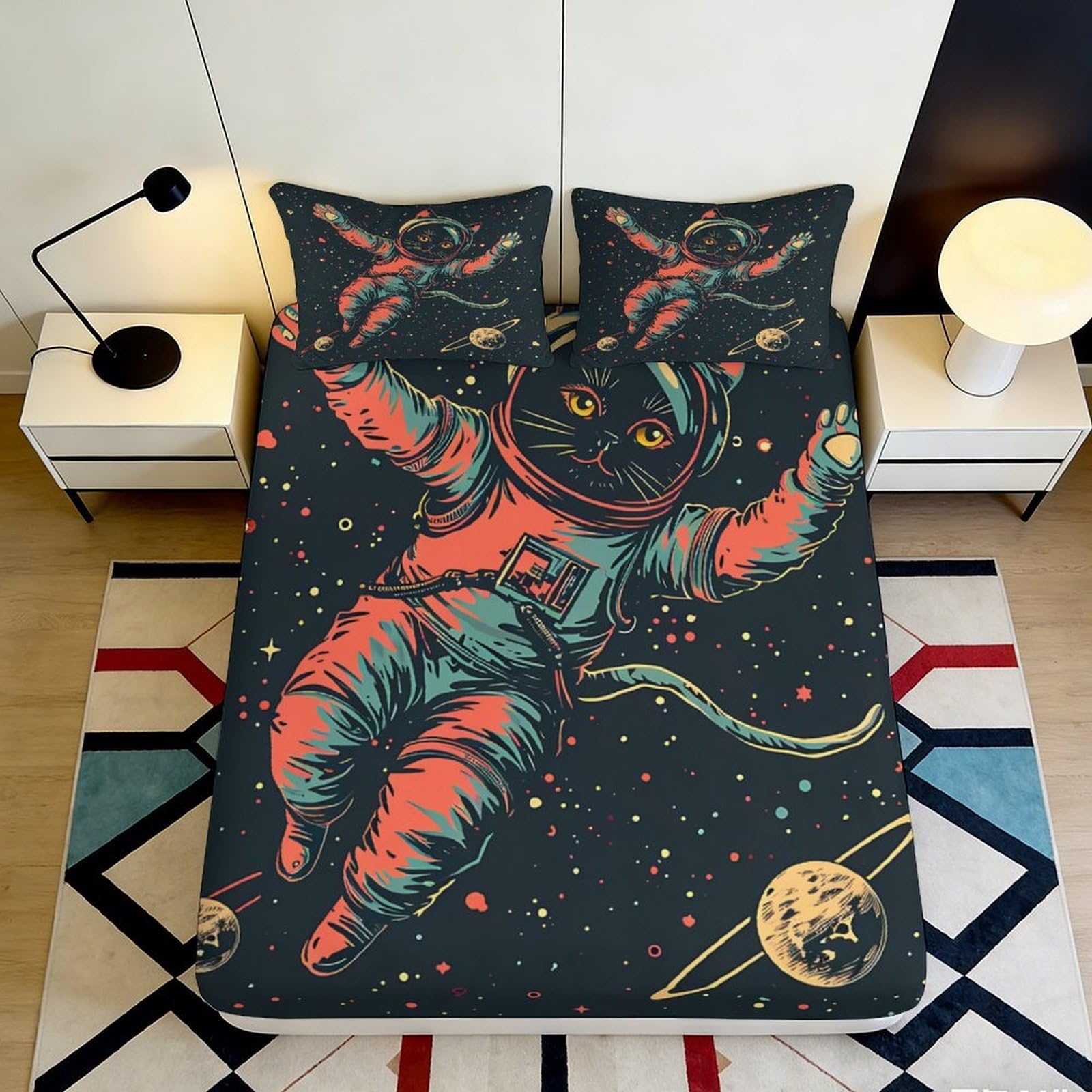 3D Printed Space Astronaut Cat Fitted Sheet Microfiber Anti-Slip Mattress Cover Bedroom Dorm Easy Care Decor 90x200x25cm