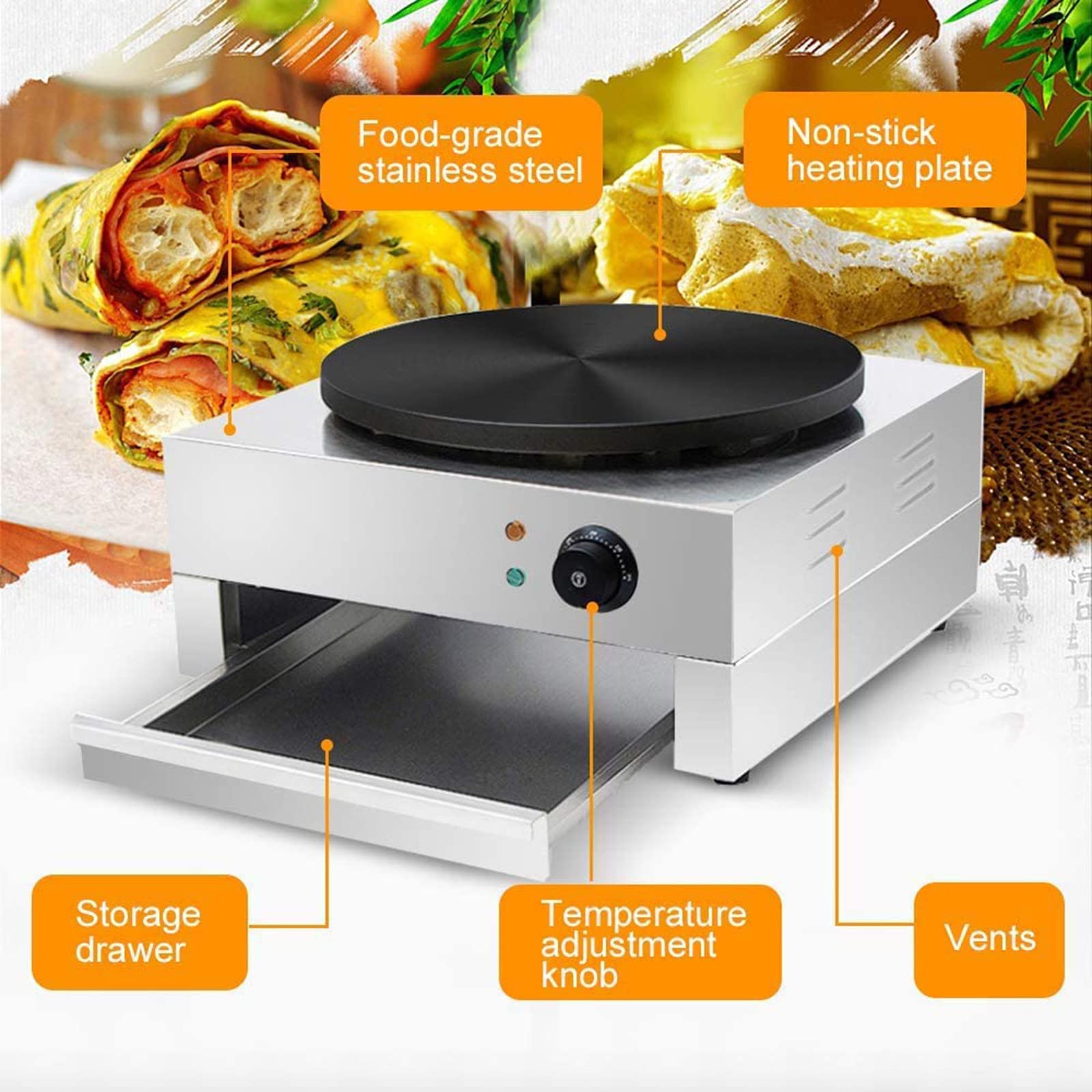 2800w Machine à CrêPes éLectriques,Fabricant De CrêPe Commercial,avec des Assiettes en Fonte De 400 Mm,des Accessoires D'Ustensiles à Plaque Chauffants Cuisent éGalement des œUfs,220v