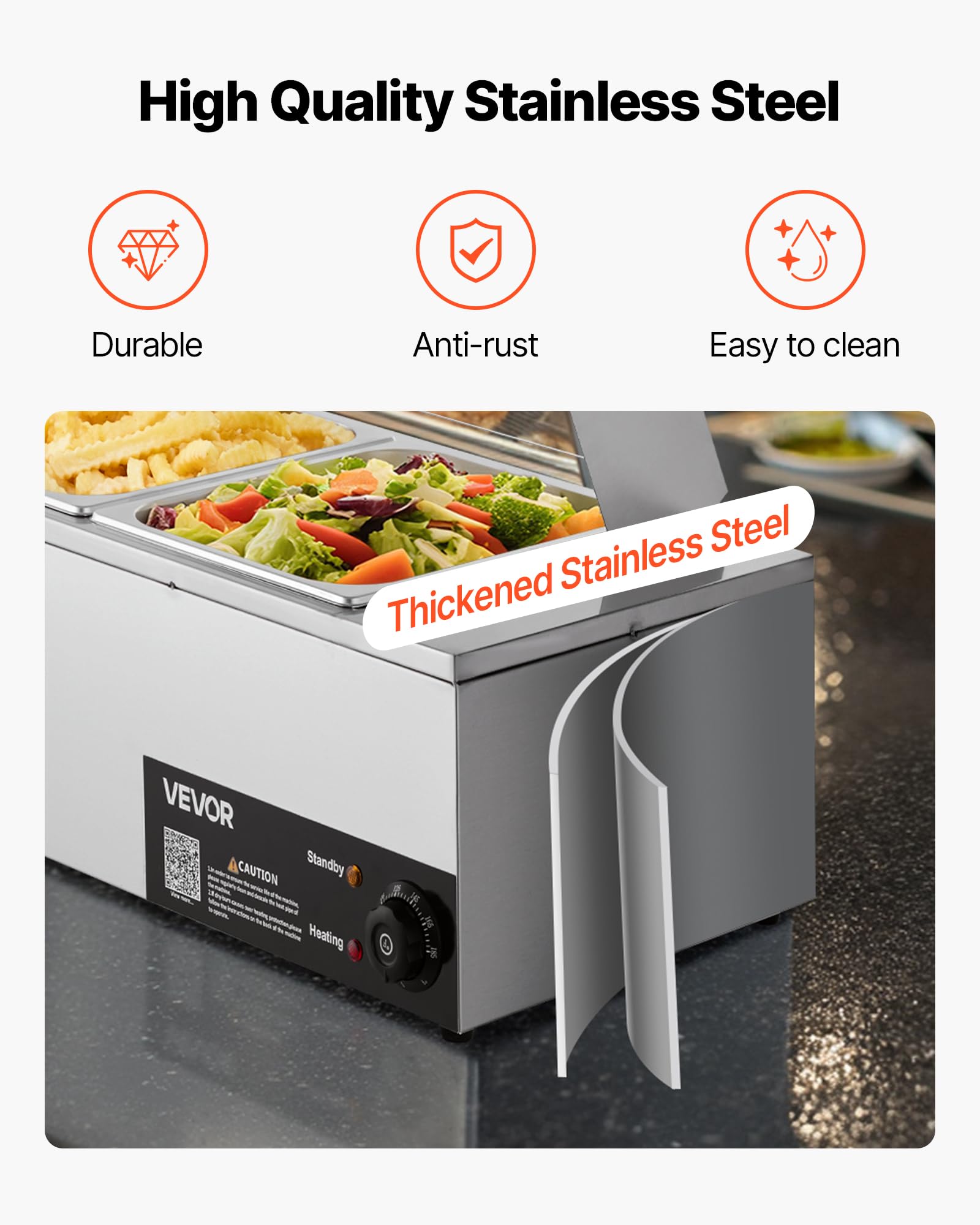 VEVOR Elektryczny podgrzewacz do żywności ze stali nierdzewnej 1500 W z parą i szklaną pokrywą, 4 tace, kąpiel wodna z łyżkami, do restauracji i na imprezy, 1185 x 365 x 385 mm, srebrny