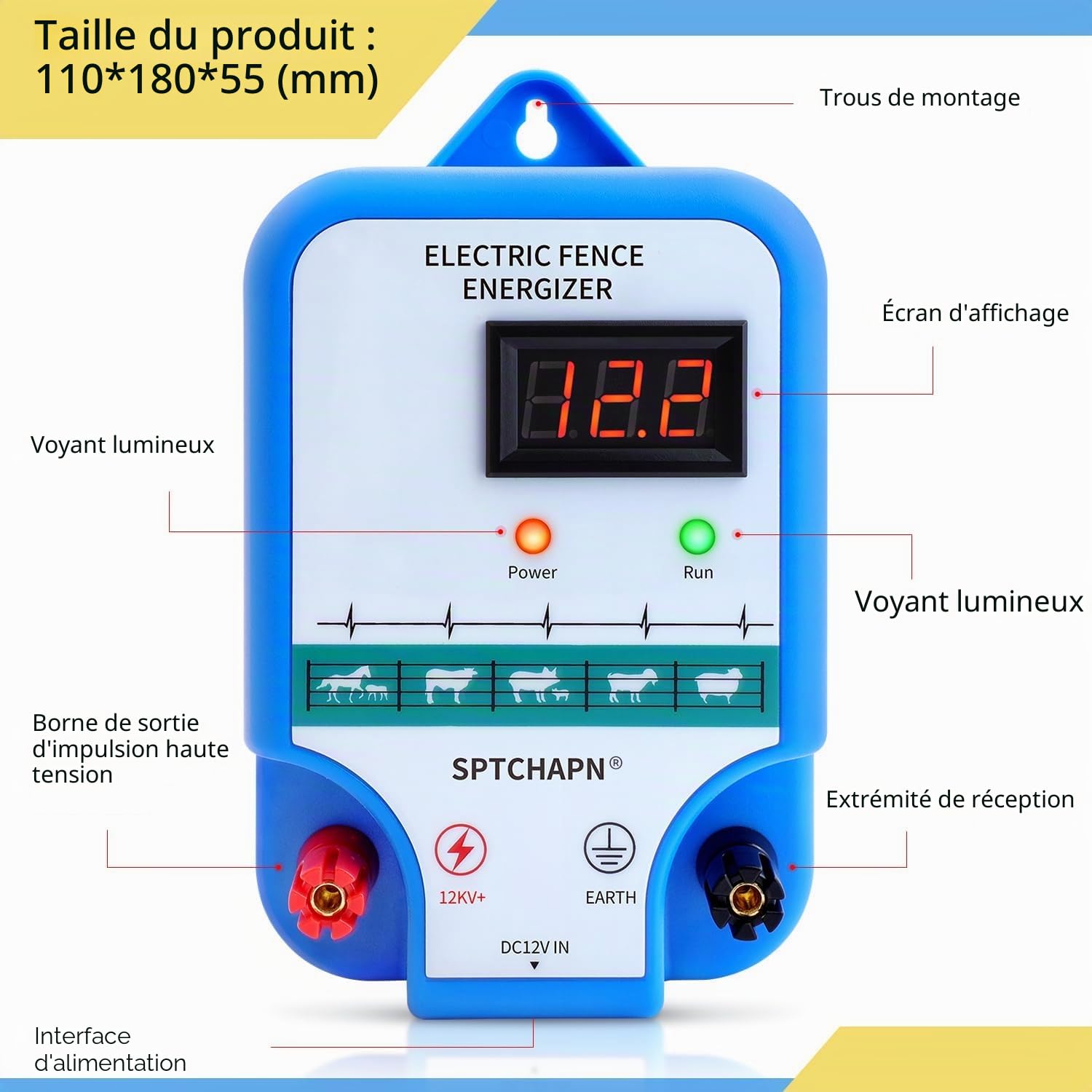Kit énergisant de clôture électrique 12 AC - Contient 2 joules de sortie de clôture énergisant, prise et tige de terre - Portée de 10 km - Écran LED - Résistant aux intempéries - Pour chevaux, animaux