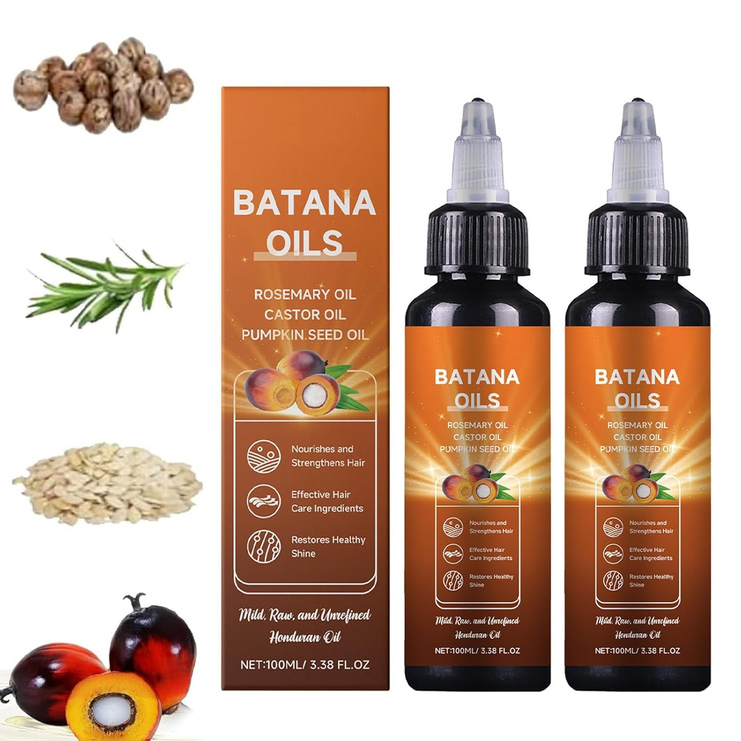 Batana Oil for Hair, 4-in-1 Liquid Batana Oil, Castor & Pumpkin Seed Oil – Deep Nourishing, Lightweight Formula for All Hair Types – 2PCS 100ml/3.38fl.oz