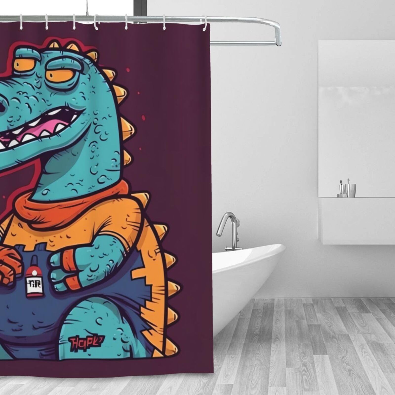 Rideau de douche anti-moisissure lavable en tissu dinosaure avec 12 anneaux solides