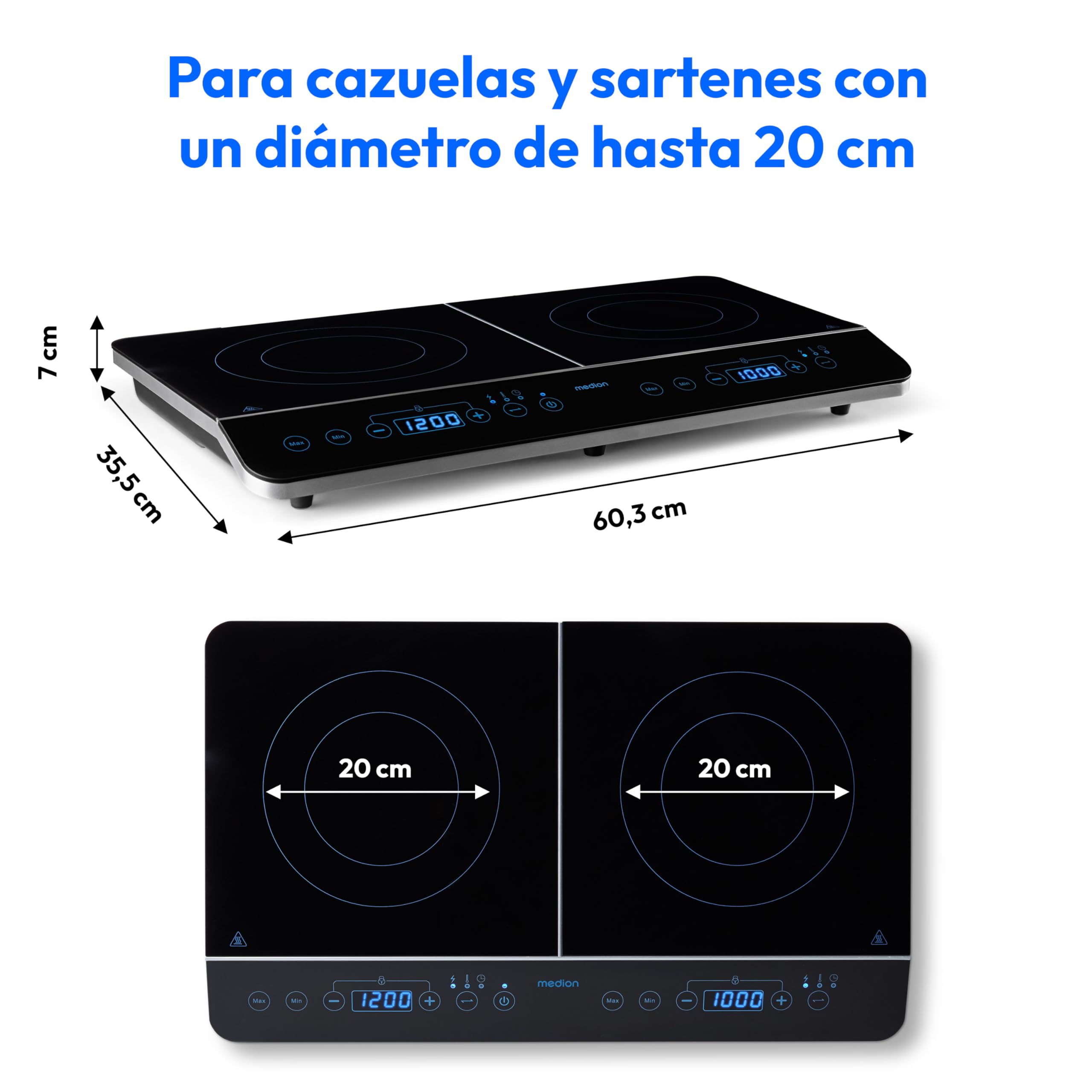 MEDION Placa de inducción doble con dos placas de cocción, 3500 vatios, 10 ajustes de temperatura, pantalla LED, MD 15324, negro