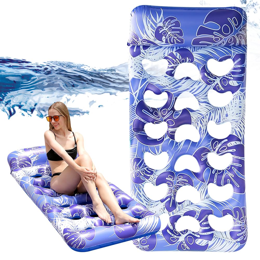 HATFRYF Inflatable Pool Floats Lounger Adult, PVC Outdoor Pool Inflatables Keep Cool Sun Tanning Bed Float with Headrest for Adults, Floating Mat Raft Floaty for Lake Beach Swimming Pool Water Fun