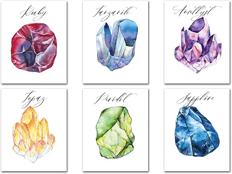 Mineralogy Uncut Gemstone Wall Prints - Set of 6 Posters 8x10 Inches Unframed Prints on White Cardstock Paper | Mineralogie Crystal Artwork Home Decor Frames not included Printed in USA