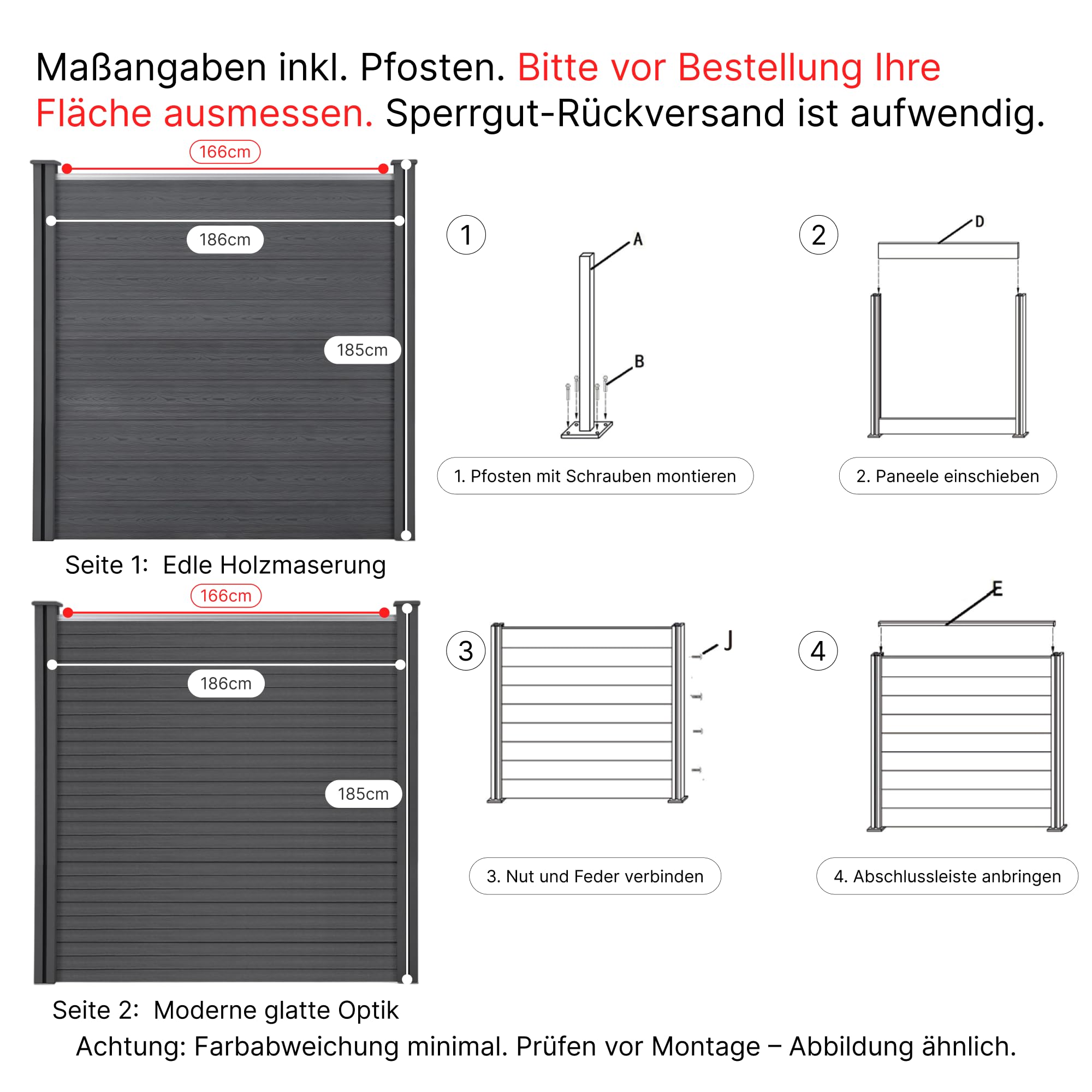 WPC Sichtschutzzaun Komplettset Anthrazit – Gartenzaun mit robusten 10x10 cm WPC Pfosten, Lamellenzaun, Windschutz, B 186-538 x H 185 cm (1-3 Einheiten)