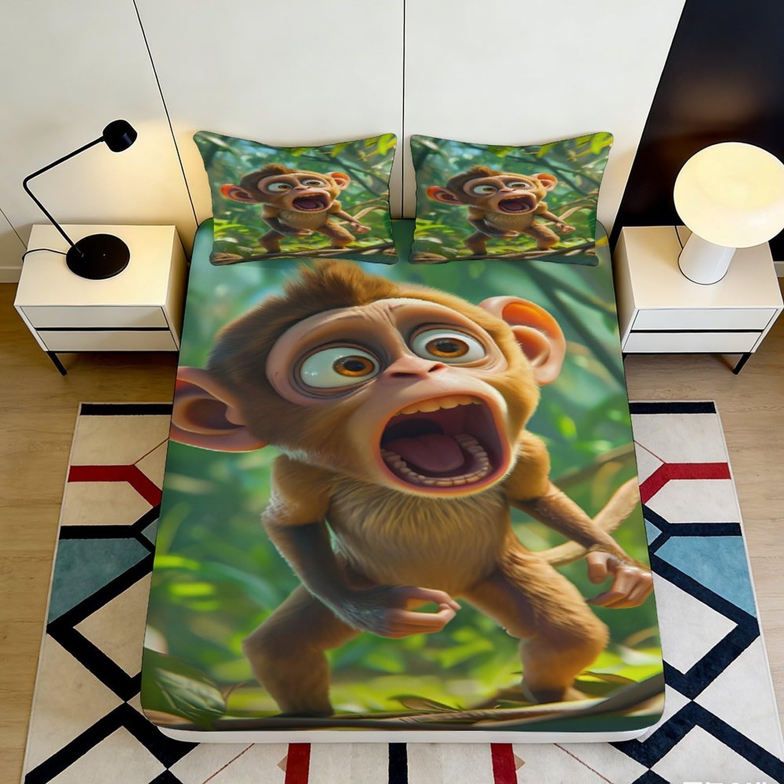 3D Printed Cartoon Monkey Fitted Sheet Microfiber Non-Slip Deep Pocket Jungle Monkey Mattress Fitted Cover Machine Washable for Home Bedding 200x200x25cm 90x200x25cm
