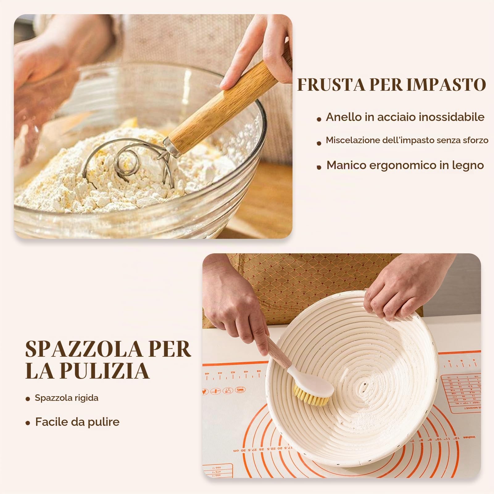 Cestino Lievitazione Pane Set Da 2, Rotondo e Ovale Cesto Lievitazione Pan in Rattan Naturale, Utensili Completi per la Preparazione del Pane per Panettieri Professionisti e Casalingh