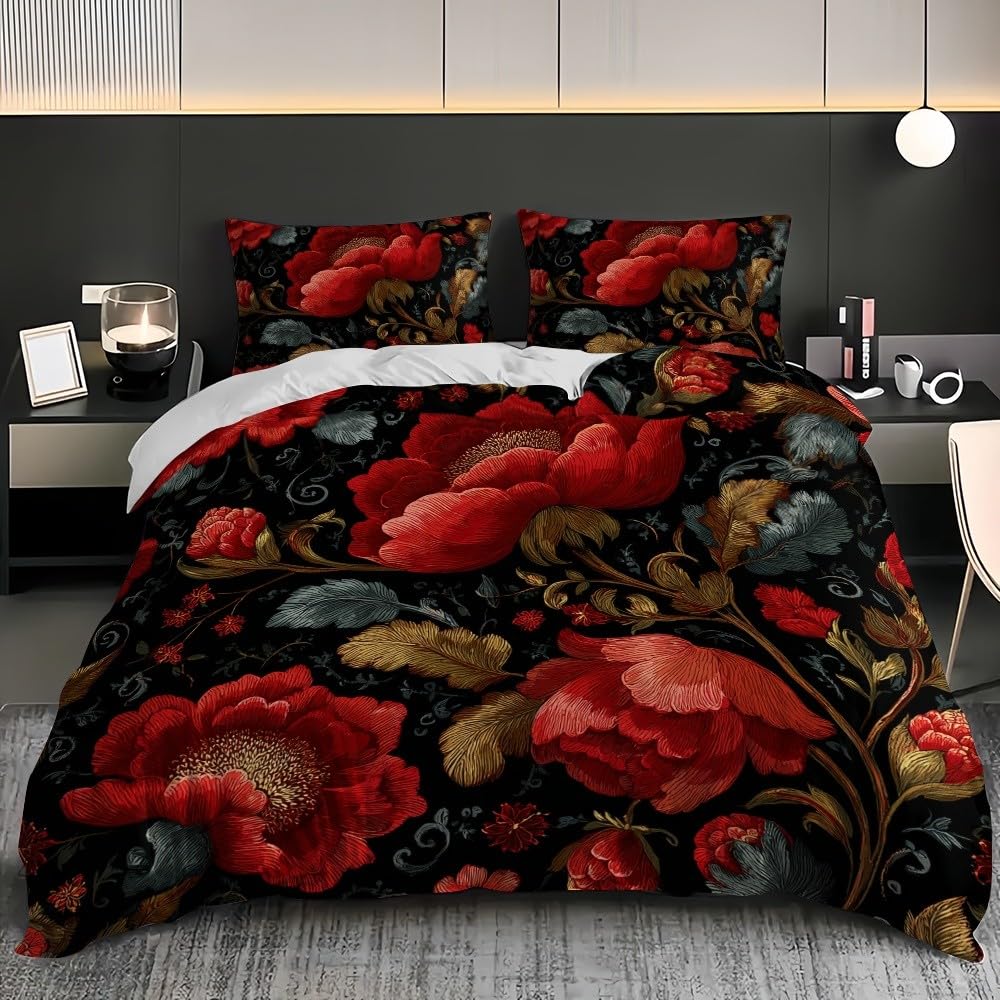 Pościel 240 x 220 cm, tradycyjna pościel w stylu vintage, 100% mikrofibra, nie wymaga prasowania, nie gniecie się, można prać w pralce, czerwona, dwustronna, z poszewką na poduszkę 80 x 80 cm