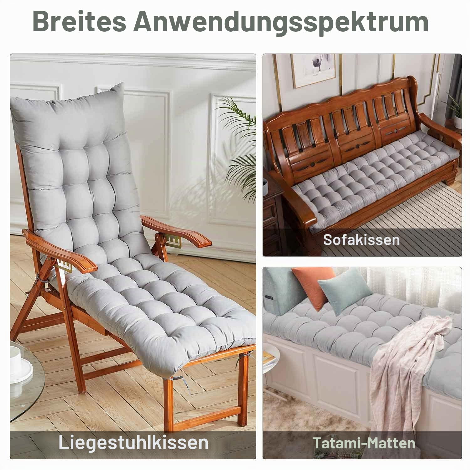Warmiehomy Liegenauflage mit Antirutsch, 160x50x8cm Auflage für Gartenliege Outdoor, Dickes & Bequeme Polster Sonnenliege Auflage mit Einstellband, Kissen für Liegestuhl, Grau(Ohne Stuhl)