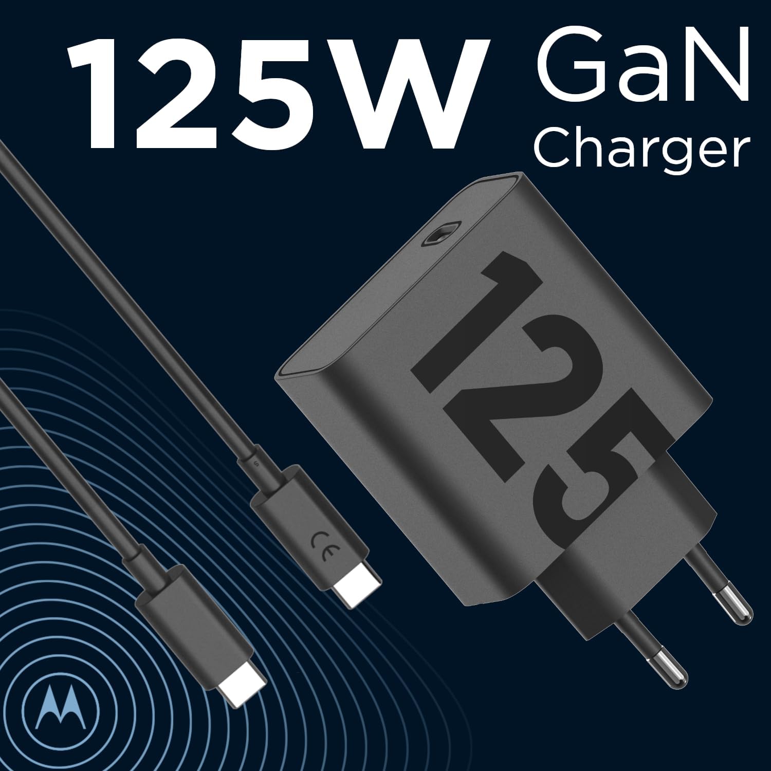 Motorola Ładowarka Turbo Power 125 W, uniwersalna ładowarka USB typu C, kabel w zestawie, oryginalna ładowarka Motorola Charger, matowa czerń