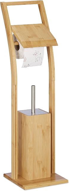 Relaxdays Toilet Brush Set Bamboo Stainless Steel Toilet Paper Stand with Toilet Brush standing H 74 x W 20 x H 20 cm Natural