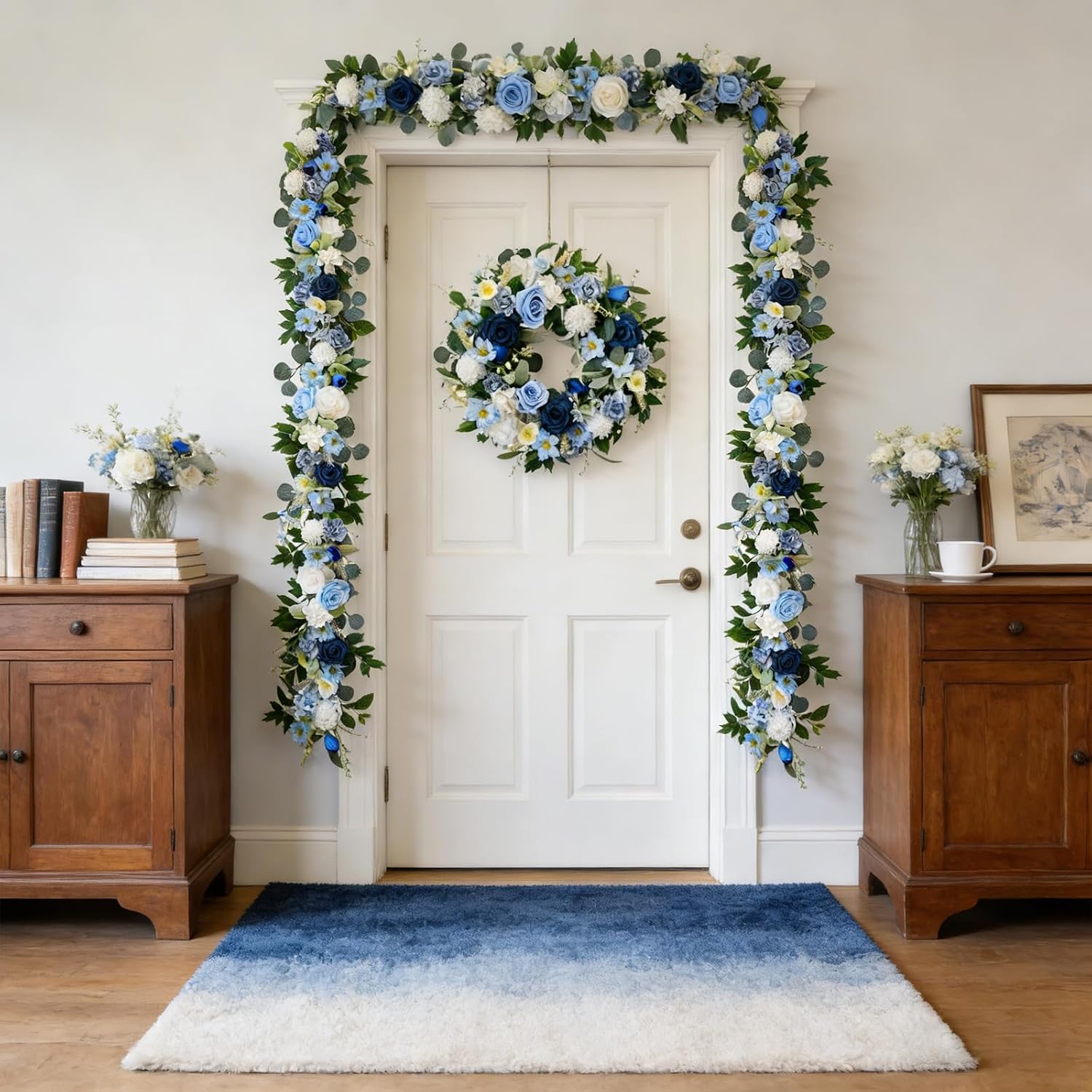 Flower Garland Decorations, 6Ft Blue Flowers Rose Garland, Artificial Eucalyptus Greenery Vines with Floral for Mantle Wedding Arch Porch Window Indoor Decor Home Decoration