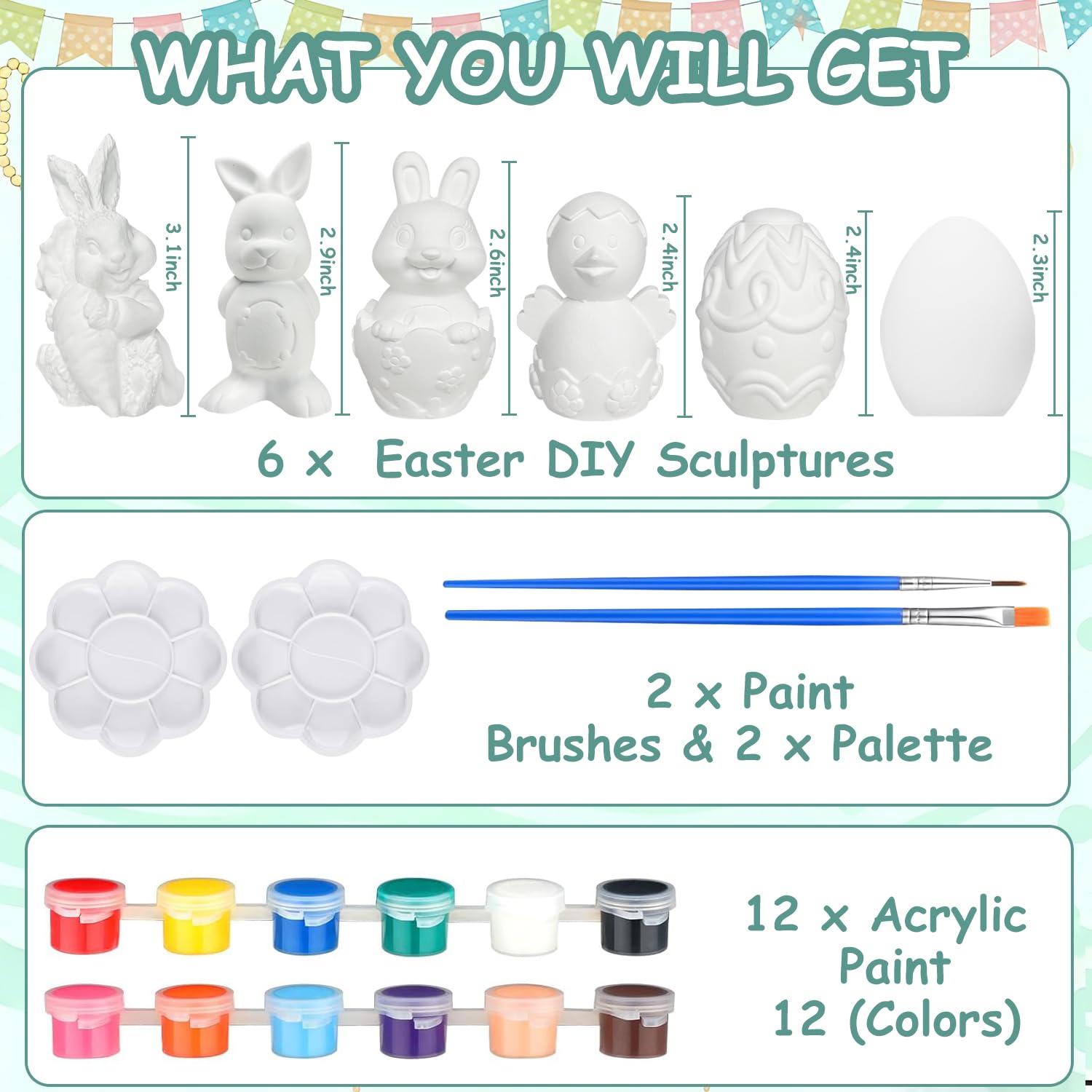 yulier Kit de Peinture d'Oeufs de Pâques, 6 Pcs d'Oeufs de Pâques avec Stylos de Peinture, Bricolage de Pâques Oeufs de Pâques Peints à la Main Cadeaux de Pâques pour Enfants, Petits