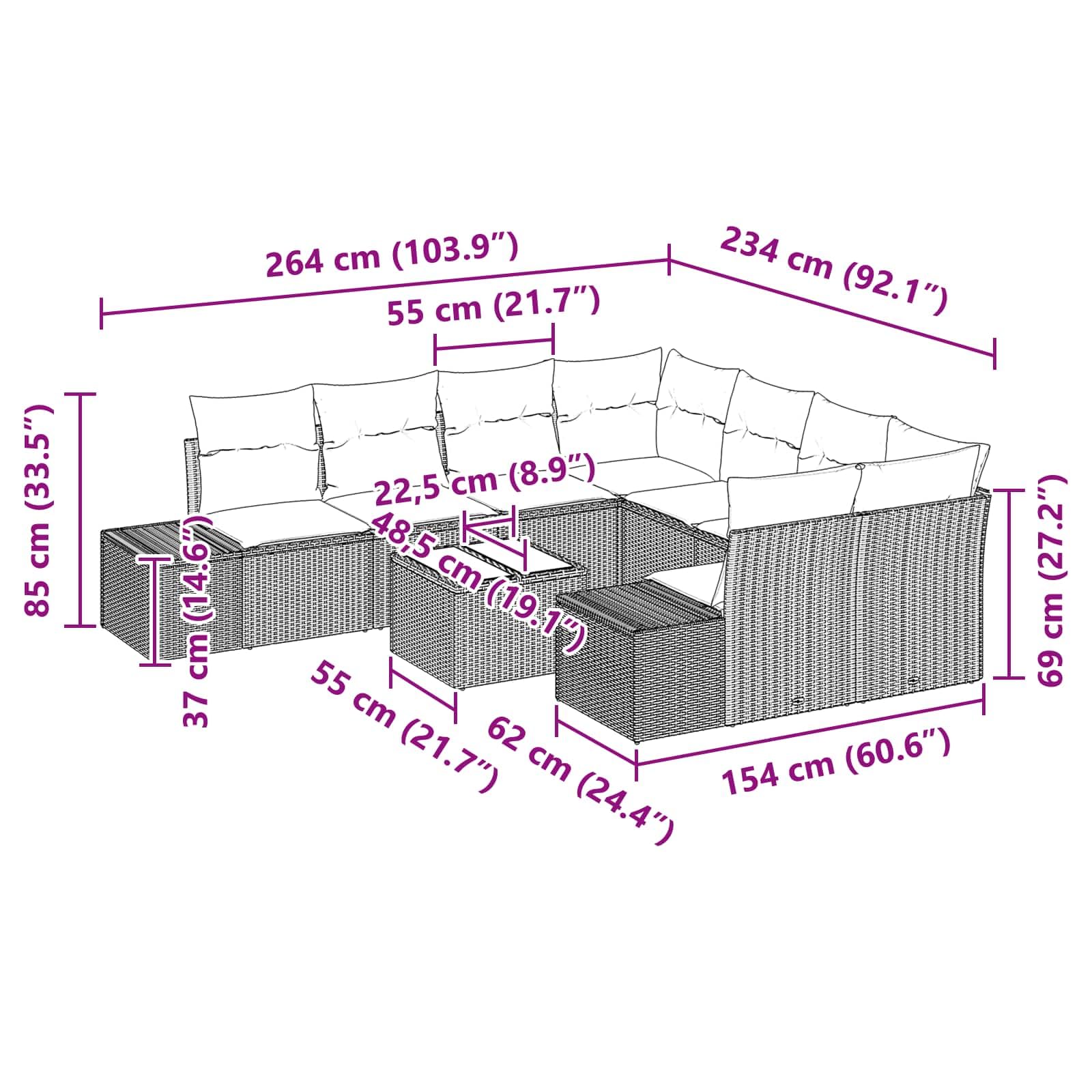 Ensemble de Canapé de Jardin 9 Pièces en Polyrotin Marron, Salon de Jardin Modulable avec Table en Verre Trempé et Coussins, Mobilier d'Extérieur pour 8 Personnes sur Terrasse