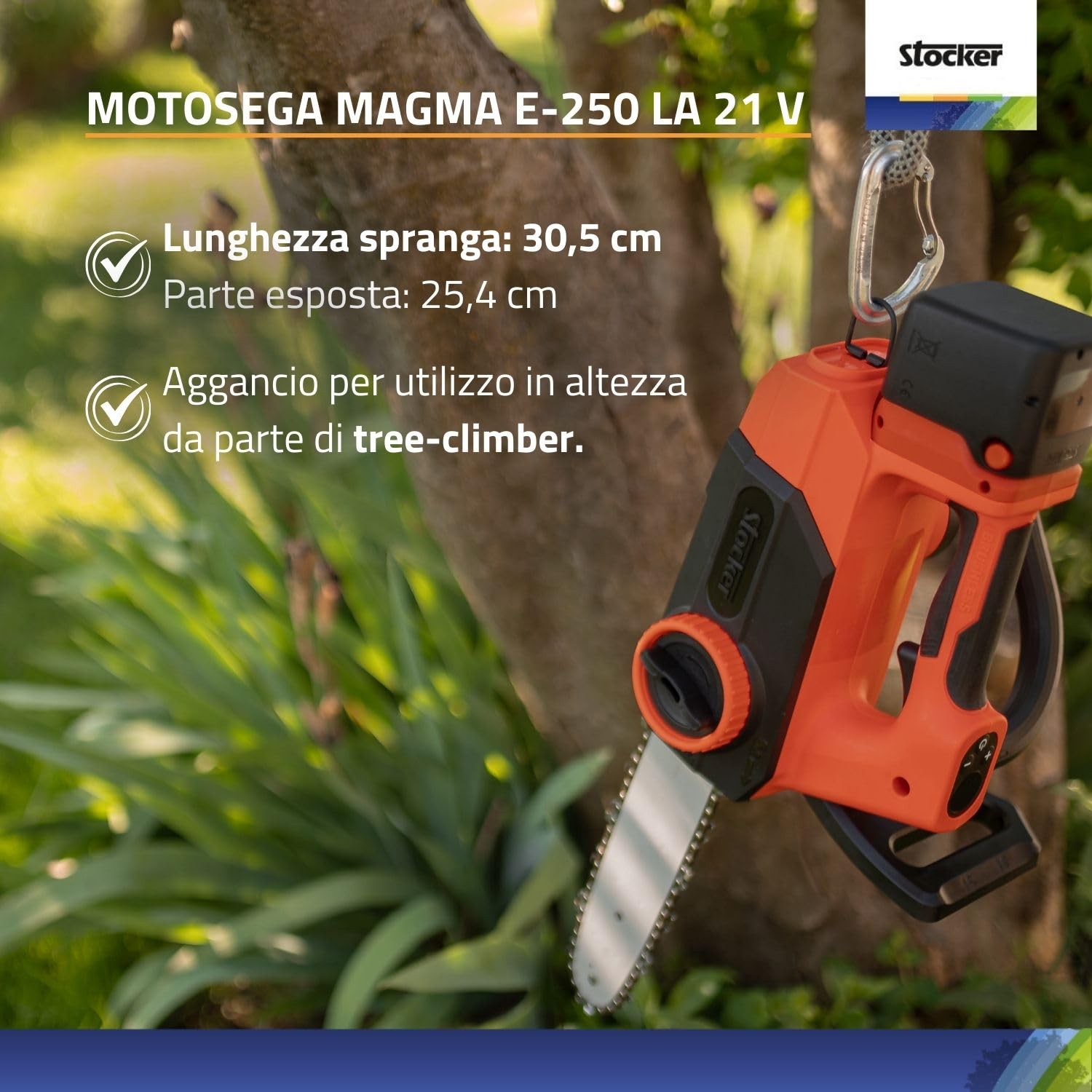 STOCKER - Kit Potatura Professionale Motosega Magma E-250 LA 21V con Batteria Fast Charge 2,6Ah, Caricabatterie Doppio 21V e Olio – Sistema Completo per Potatura e Cura del Verde