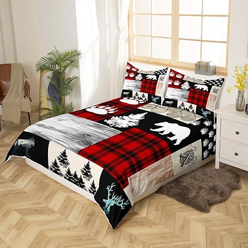 Miniatura 2 de Manfei Juego de funda de edredón de aventura de campamento, tamaño matrimonial, funda de edredón de retazos a cuadros rojos con 2 fundas de