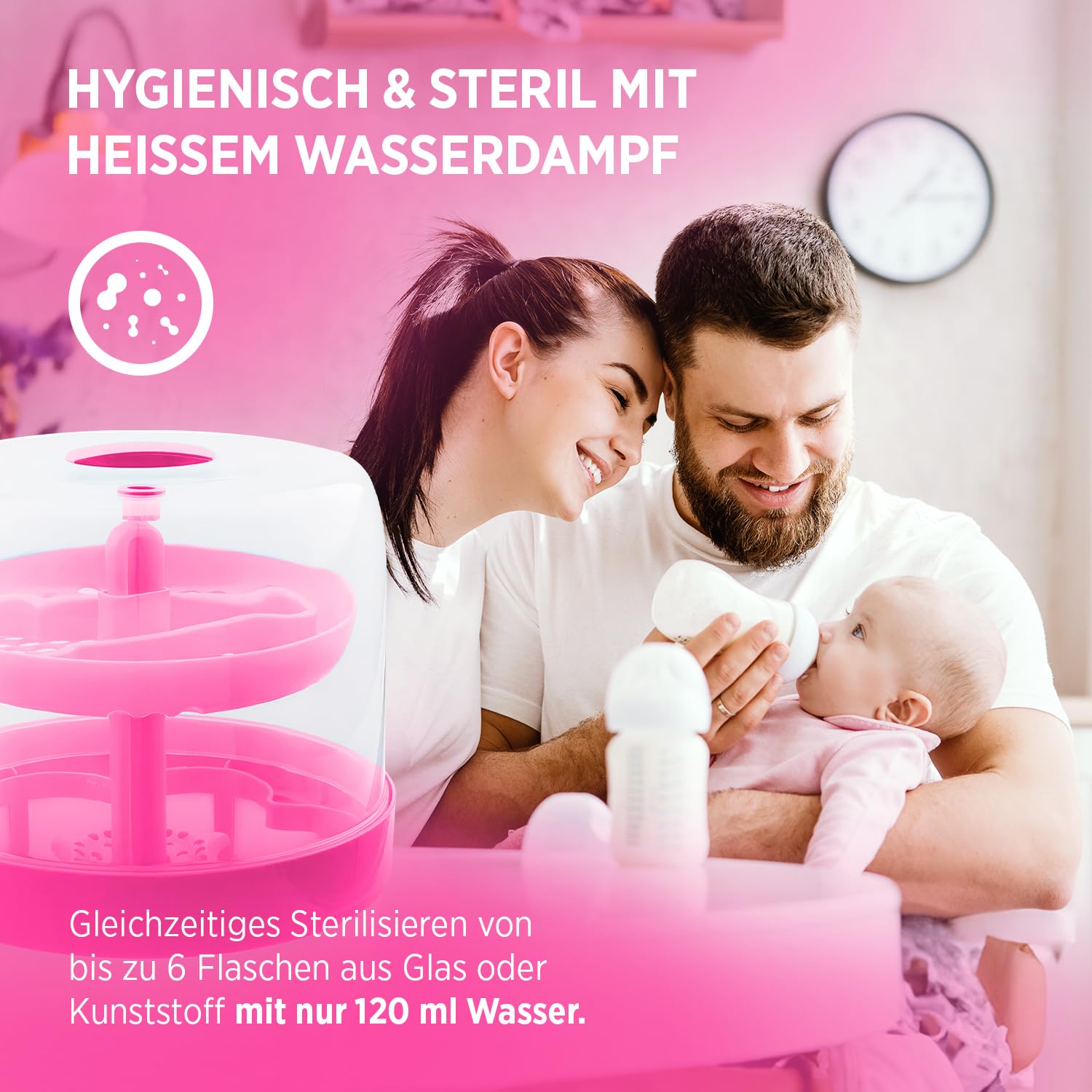 BS 29b Sterylizator do butelek dla niemowląt, sterylizator parowy i parownik, do 6 butelek, łatwa obsługa, pierwsze wyposażenie dla noworodków, środek do czyszczenia butelek, akcesoria dla