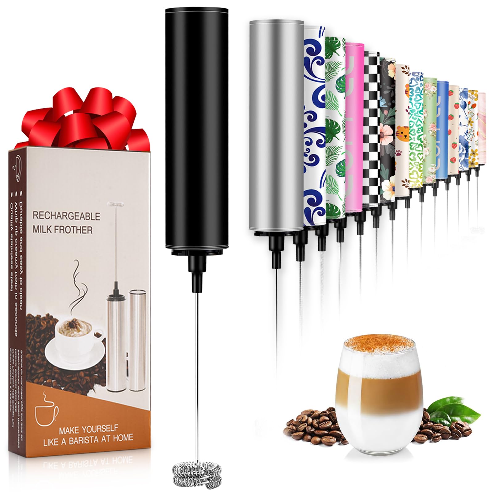 Milk Frother Handheld Rechargeable - 2-Speed Electric Whisk with 5 Detachable Heads (Frother/Mixer/Whisk) for Coffee, Latte, Cappuccino &amp; Matcha, Drink Mixer (Black)