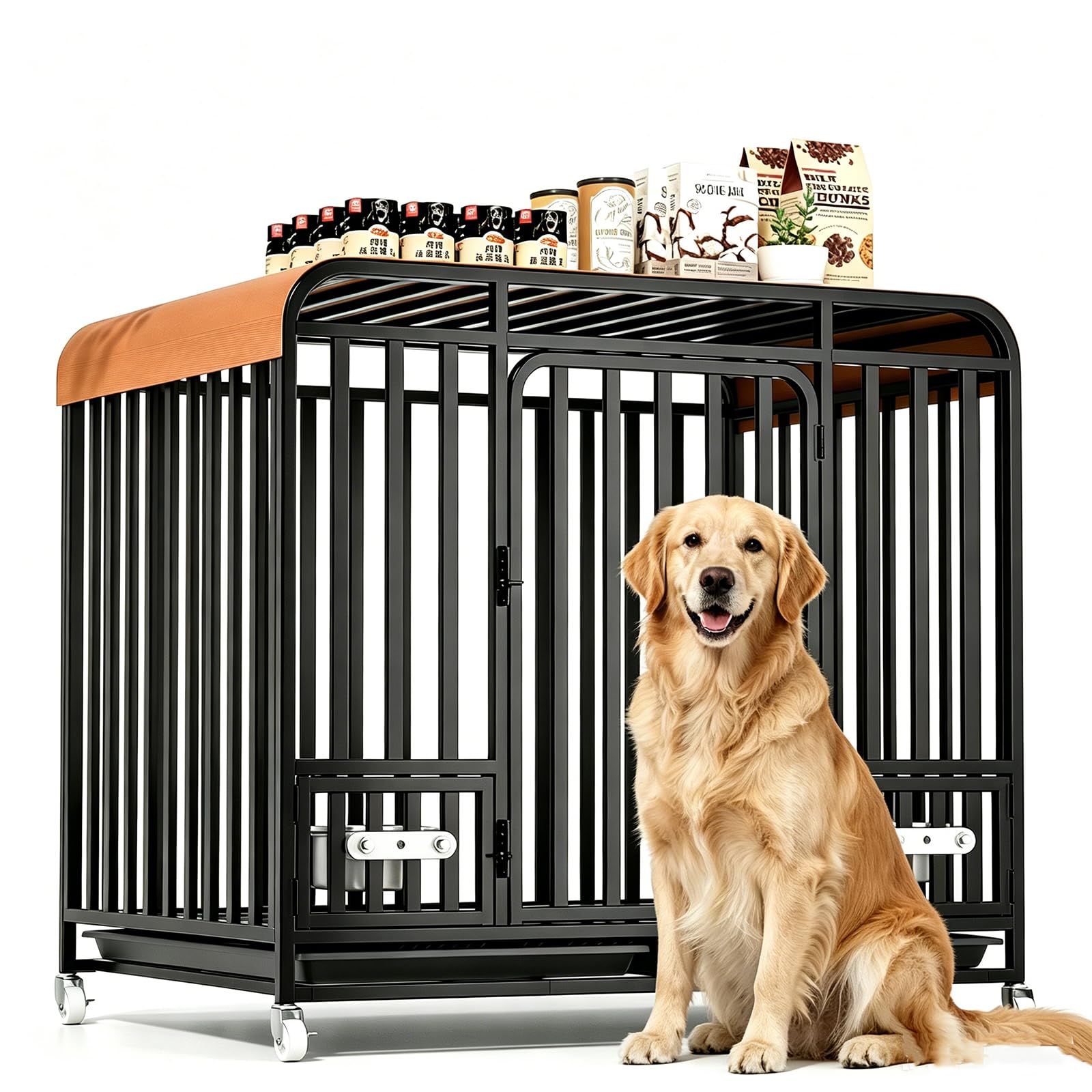 Hundekäfig Transportbox für schwere Lasten, Gitterbox große Hunde hochbelastbar Hundetransportbox mit 3 Türen, 4 Rollen und Bodenschale Hundetransportkäfig Hundebox (XXL 125X95X108cm)