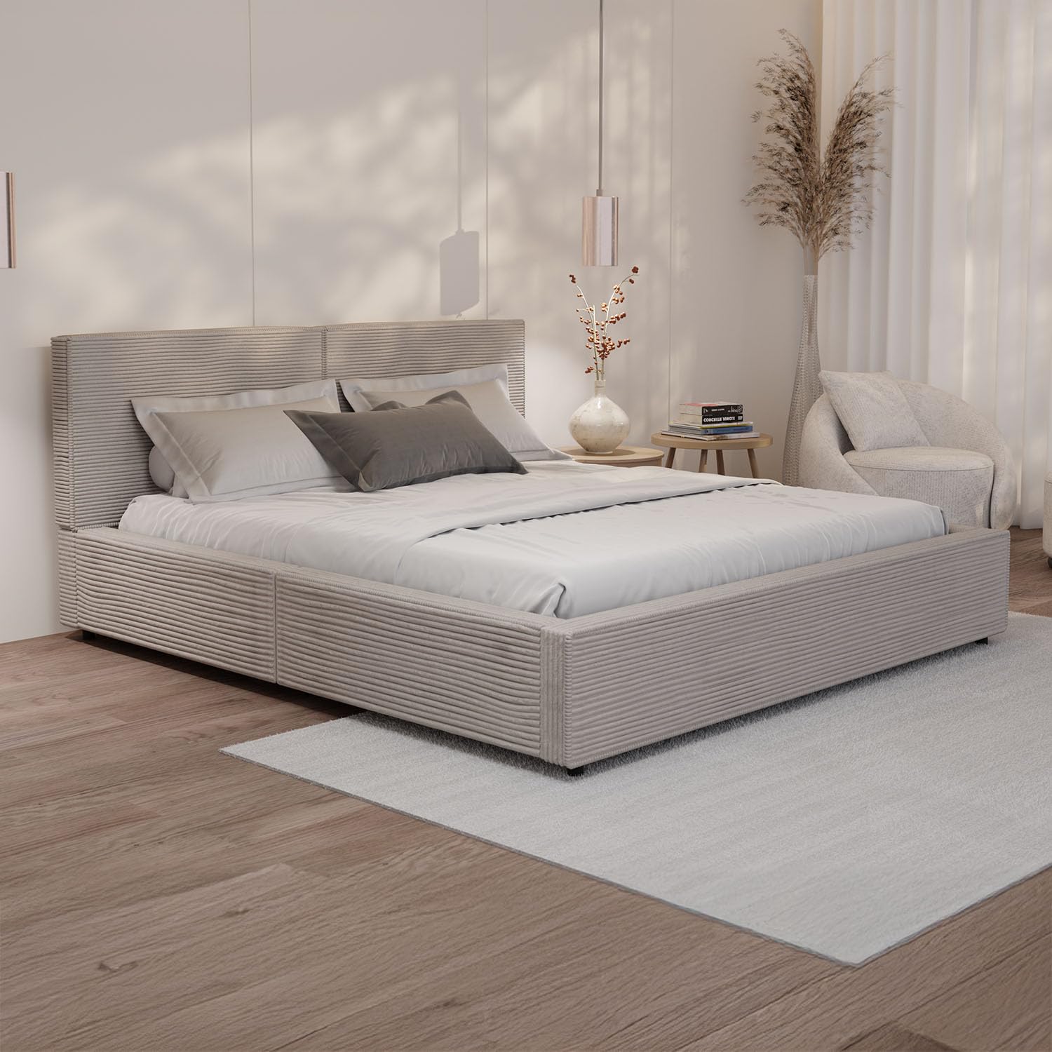 Juskys Polsterbett Salerno 180 x 200 cm – Cord Taupe, modernes Bett mit Kopf- & Fußteil, stabilem Holz- & Metallrahmen, Lattenrost, 500 kg Tragkraft