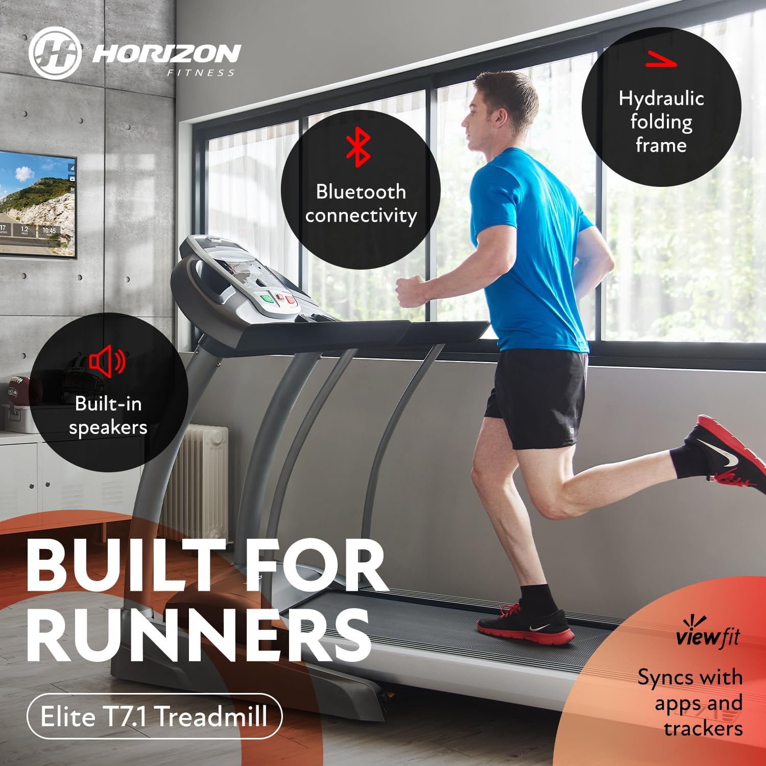 Horizon Fitness ELITE T 7.1 Treadmill with features highlighted