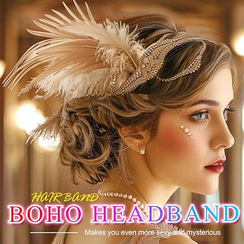 Miniatura 7 de Nicute Diademas de plumas bohemias para tocados disfraces de festivales accesorios para el cabello para mujeres y niñas negro
