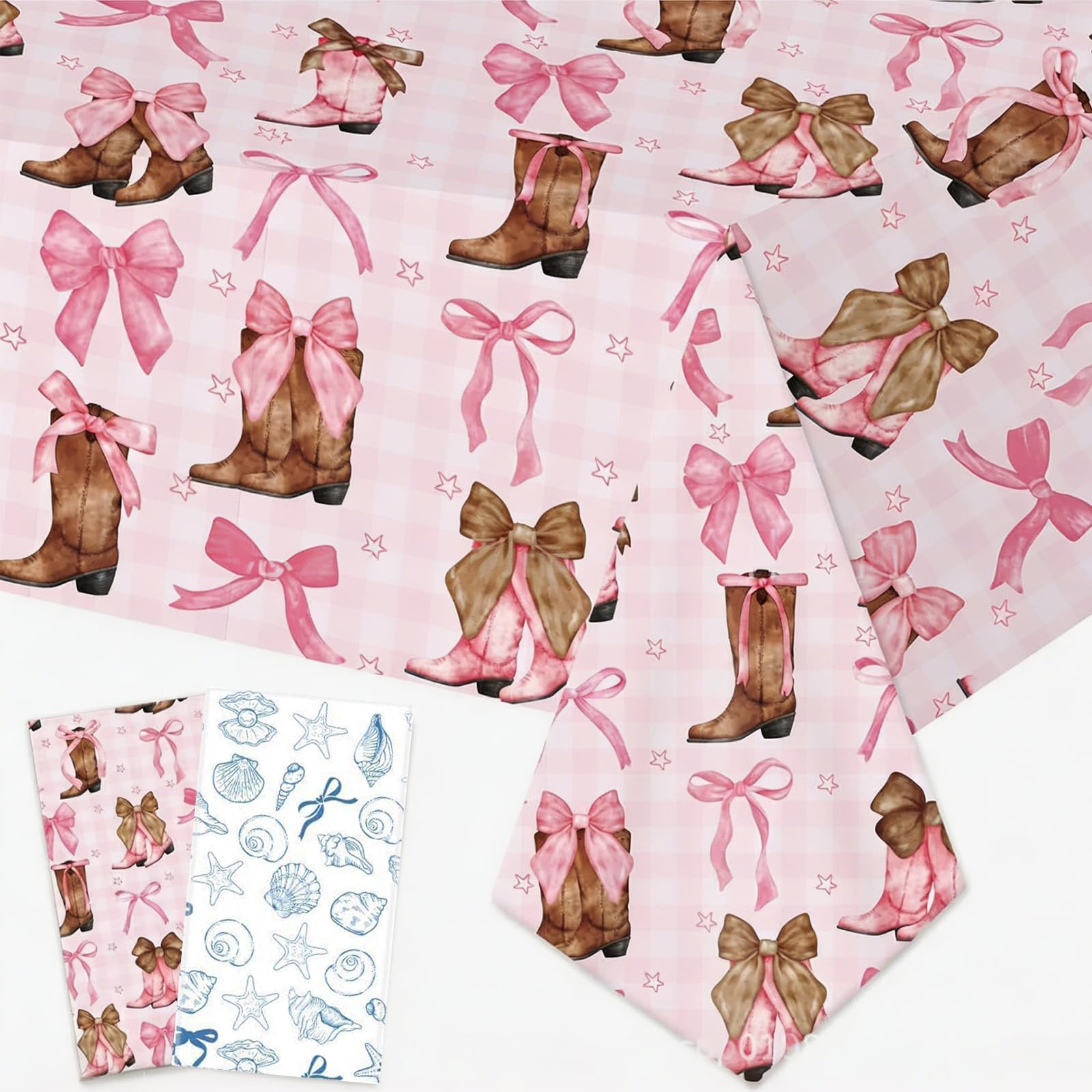 2 Pcs Set Beach Party Tablecloth, Cowboy Themed Tablecloth Party Decorations, 137x274cm Summer Table Cloth, Dual-Style Reusable Beach Themed Party , Western Party , Holiday Gathering and Table Decor