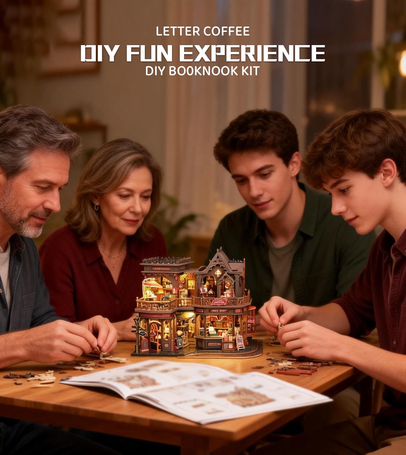 Roroom DIY Miniature House Kit, Letter Coffee Book Nook Kit with Music Box, 3D Wooden Puzzle Miniature Dollhouse Kit for Bookshelf Decor-Creative Crafts for Family and Friends