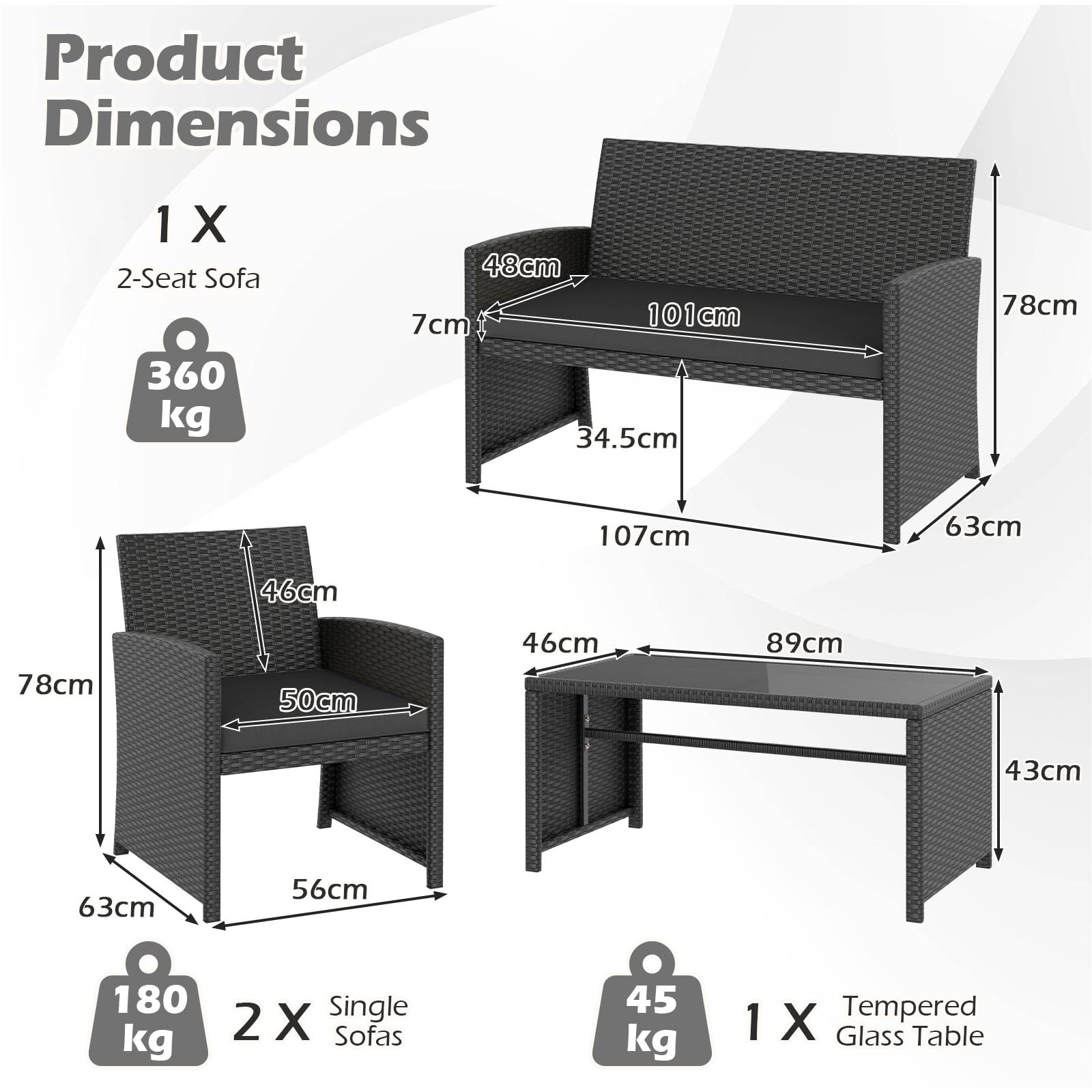 GIANTEX Set Salotto Esterno 4 Pezzi in Rattan PE, Divano 2 Posti + 2 Poltrone + Tavolo Basso con Piano in Vetro, Arredamento da Giardino per Terrazza e Patio, Nero