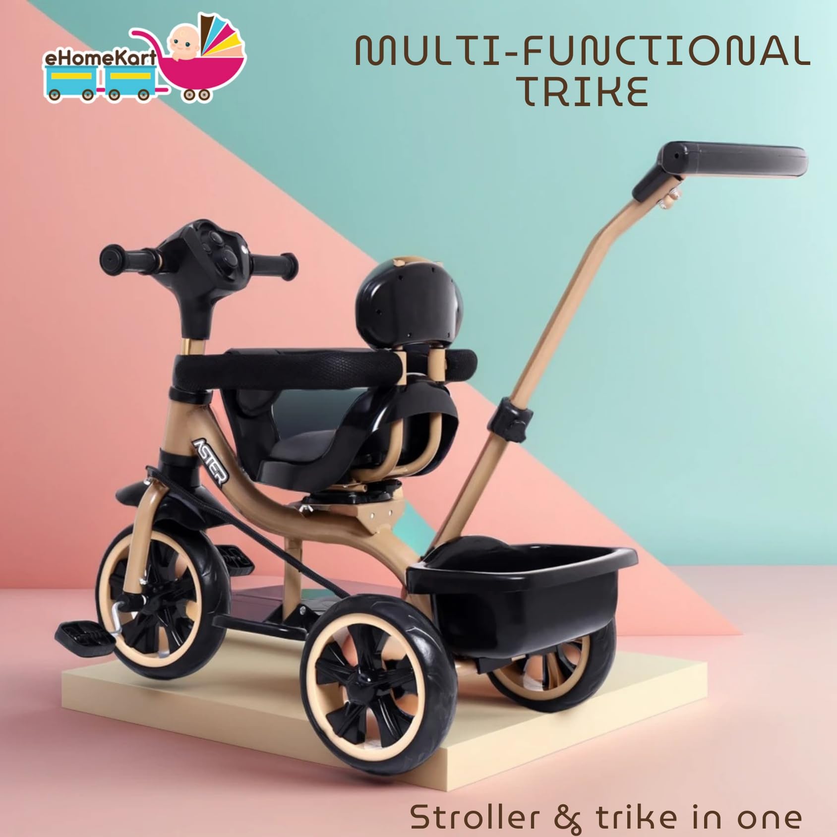 Fun Ride Kids Aster Tricycle with 360 Rotatable Seat, Parental Control Handle for 1.5 to 5 Years - Musical Trike for Kids with Safety Handle for Boys and Girls (Beige) 1