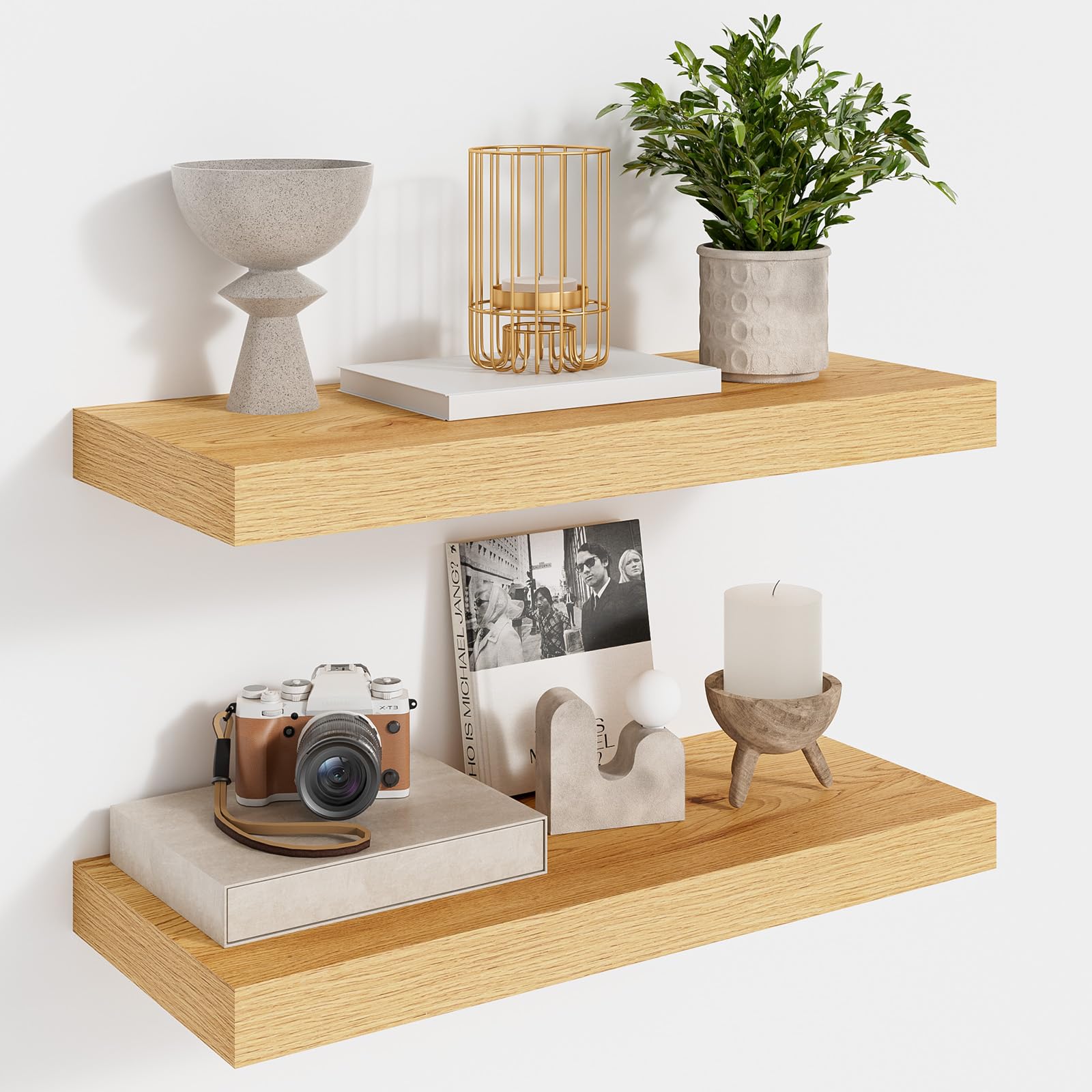 Feihorrm Set of 2 Floating Shelves, 40cm Floating Shelf, Oak Wall Shelves, Wooden Shelves, Shelves for Wall, Wall Shelf for Bathroom, Kitchen, Living Room and Bedroom, Home Decor