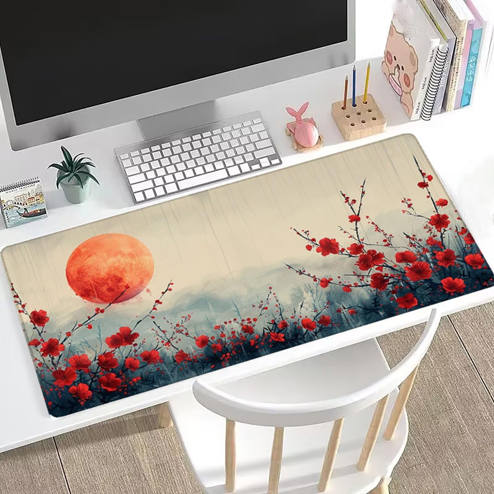 Podkładka pod mysz, 150 x 80 x 0,30 cm, czerwona, rozszerzona podkładka pod mysz, kwiaty brzoskwini, duża podkładka na biurko, antypoślizgowa, akcesoria biurowe z wodoodporną powierzchnią, ochraniacz