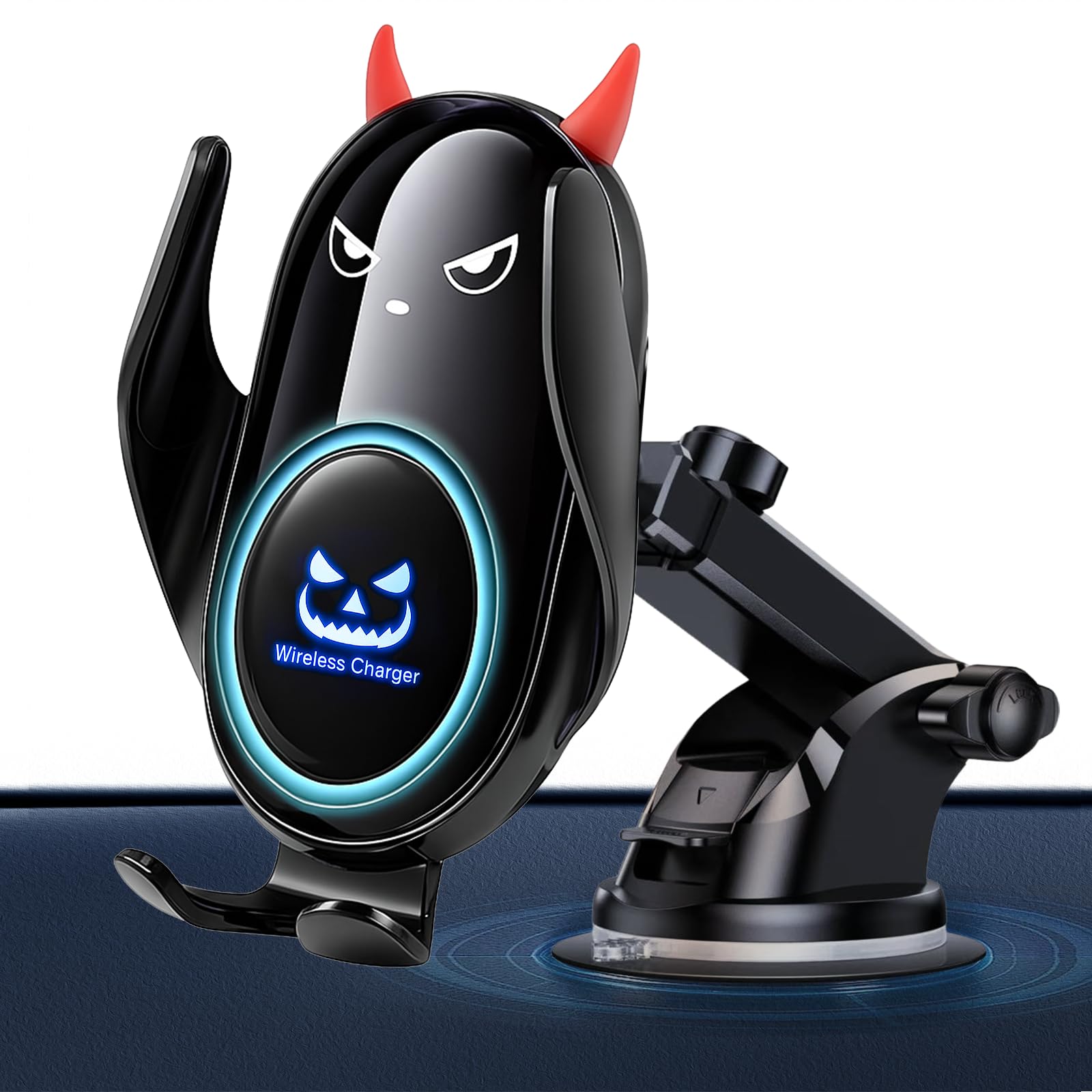 Fudia 可愛い 車載スマホホルダー 【光る悪魔デザインｘ 吸盤】 スマホスタンド 車 15W急速ワイヤレス充電 ゲル粘着吸盤＆エアコン対応 片手操作 360°回転 Qi認証 iPhone17/16/15/14/13/12 Android対応 対応 プレゼント ギフト ハロウィン (悪魔 黒)