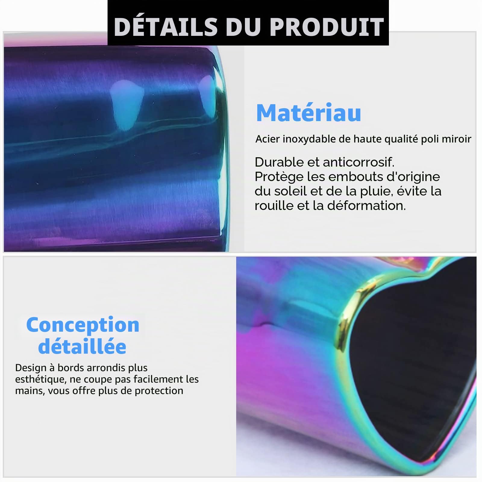 Embouts d'échappement de voiture en forme de cœur universels en acier inoxydable - Couleur arc-en-ciel - Embout d'échappement droit - Entrée de 2,48 pouces - Convient à la plupart des voitures