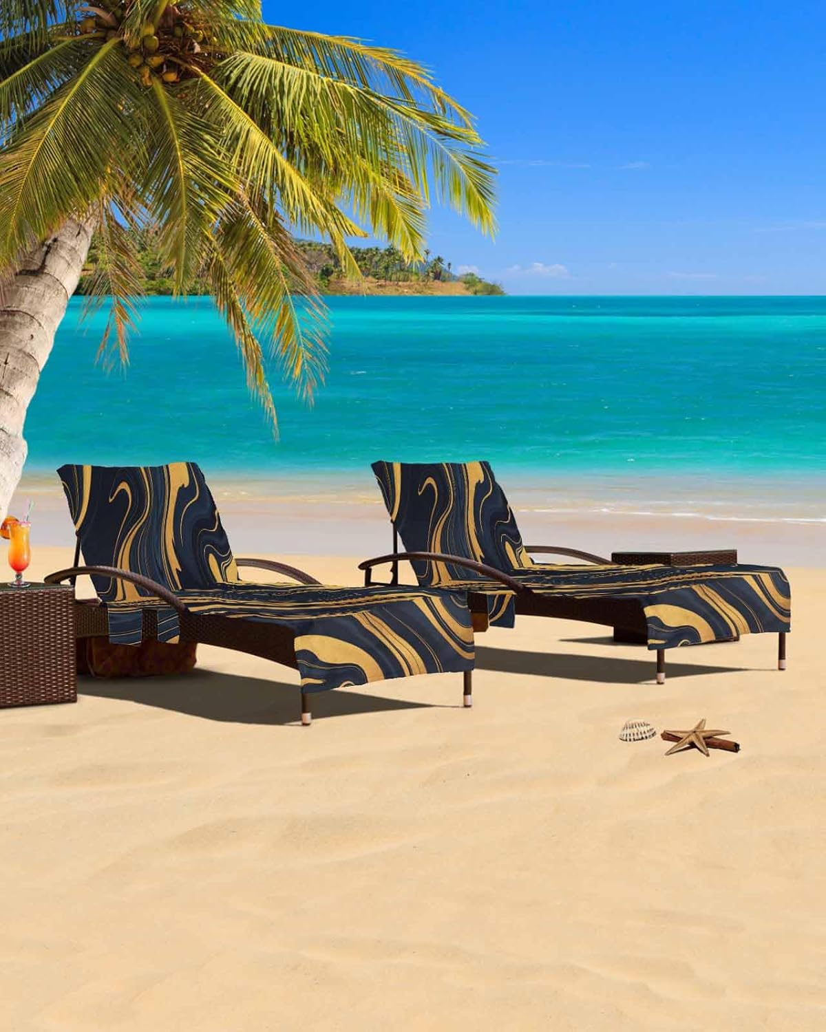 Abstract Black Blue Beach Pool Patio Lounge Chaise Chair Cover Towel With Pockets, Absorbent & Quick Dry Microfiber Towel Cover Bag Summer Travel Accessories for Sunbathing Modern Marble Gold Ombre