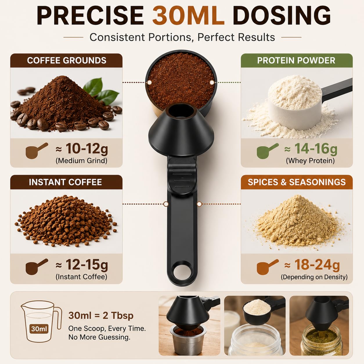 Cucchiaio Dosatore Proteine con Imbuto, Misurino Polvere 30ml (~15g Caffè), Cucchiaio Dosatore per Whey, Caffè e Capsule, Manico 19cm Anti-Scivolo