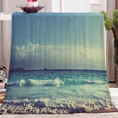 Manta de franela de vellón natural de paisaje de olas oceánicas de 60 x 80 pulgadas, suave y acogedora, manta mullida de invierno y otoño,