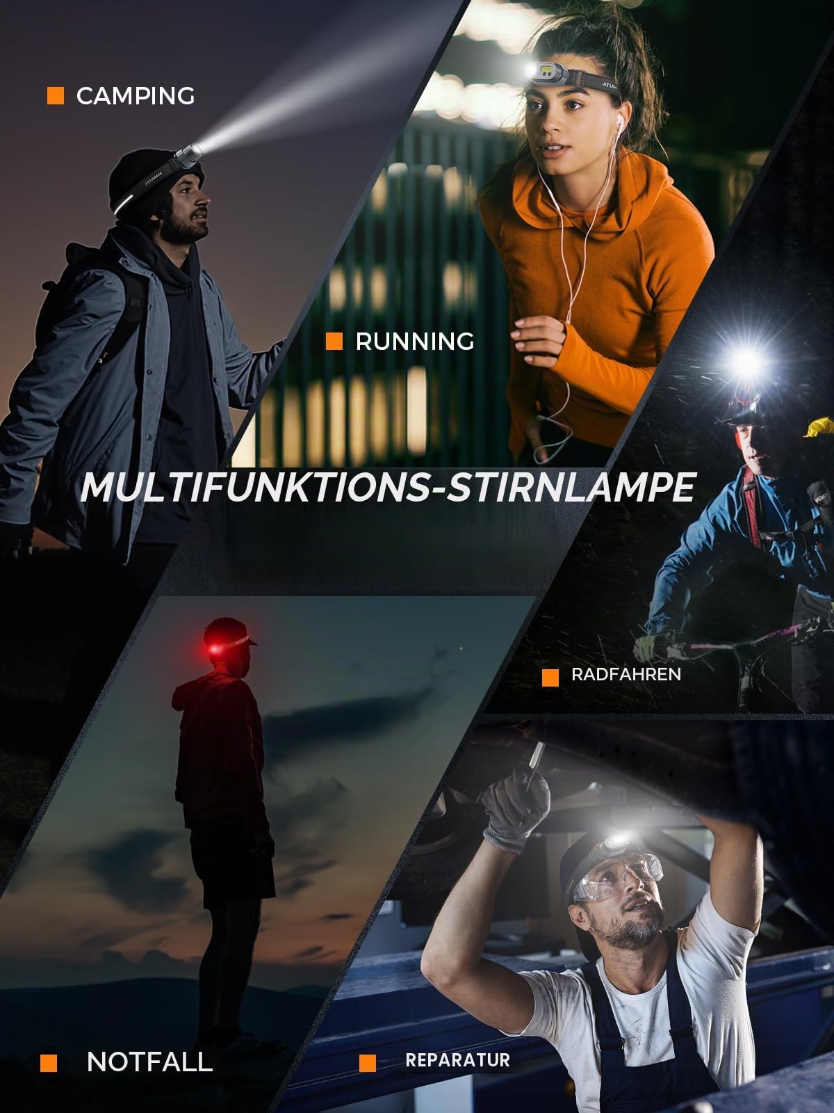 ATuMan MH1 Stirnlampe LED Wiederaufladbar, Kopflampe Stirnlampe 1 Stück Superhell mit 8 Lichtmodi Weißes & Rotes Licht Stirnlampen mit Sensor IPX4 Wasserdicht für Camping/Wandern/Joggen/Angeln
