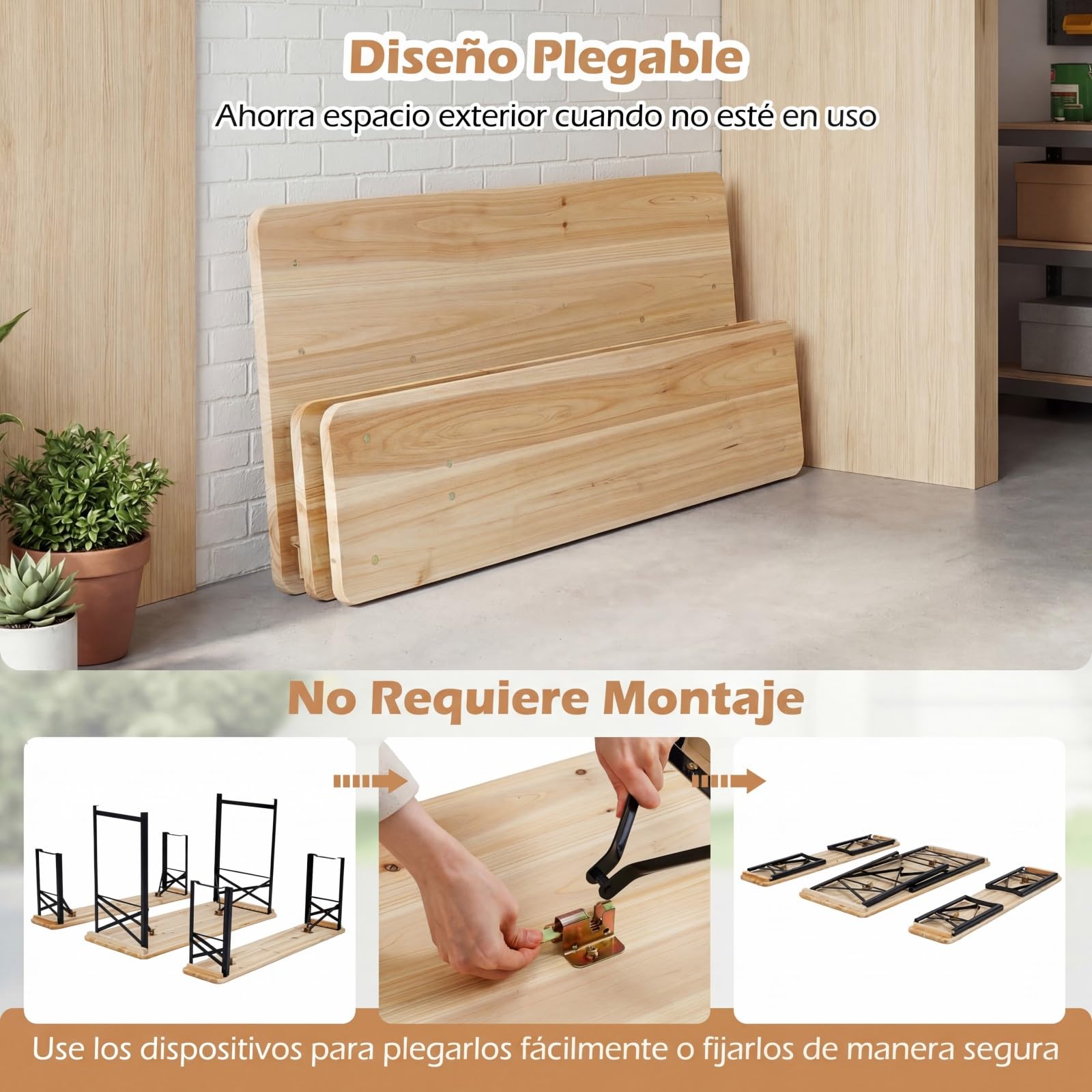COSTWAY Conjunto de Mesa y 2 Bancos de Exterior, Mesa de Comedor y Bancos Plegables de Madera de Abeto con Estructura Metálica, sin Montaje, Ideal para Acampadas, Picnics, Natural