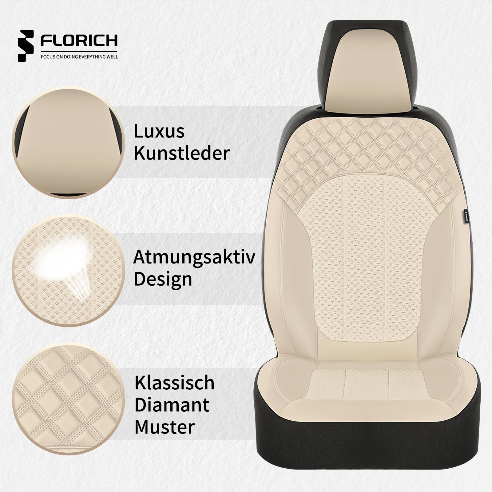 FLORICH Coprisedili per Auto Coprisedili Anteriori, in Pelle PU e Air-Mesh Coprisedili Traspiranti Coprisedili Interni Adatti alla Maggior parte Delle Autovetture, SUV (Anteriori, Beige)